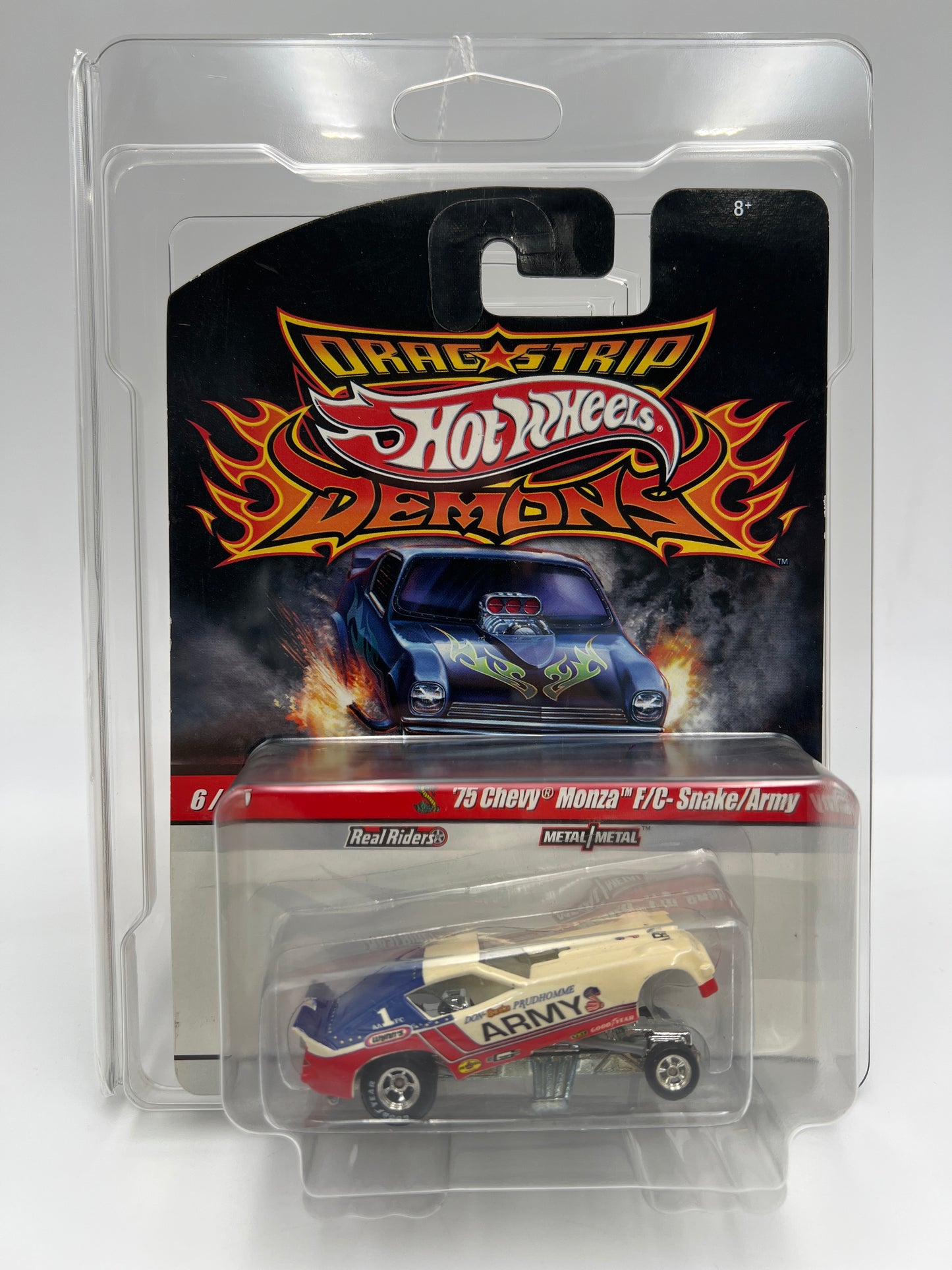 Hot Wheels Drag Strip Demons #6 75 Chevy Monza F/C Snake/Army W/Protector