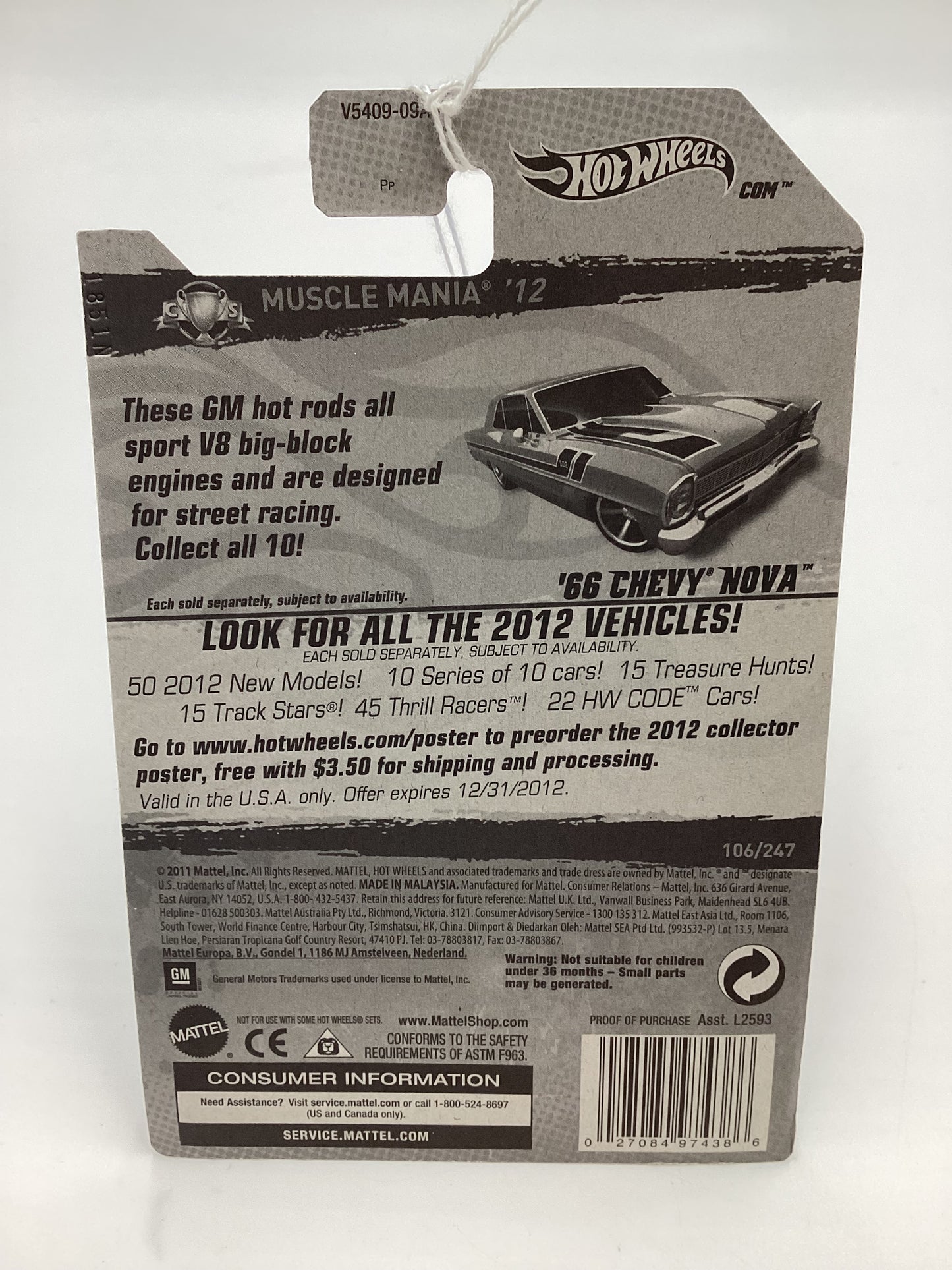 2012 Hot Wheels Muscle Mania GM #106 66 Chevy Nova Light Blue 5F