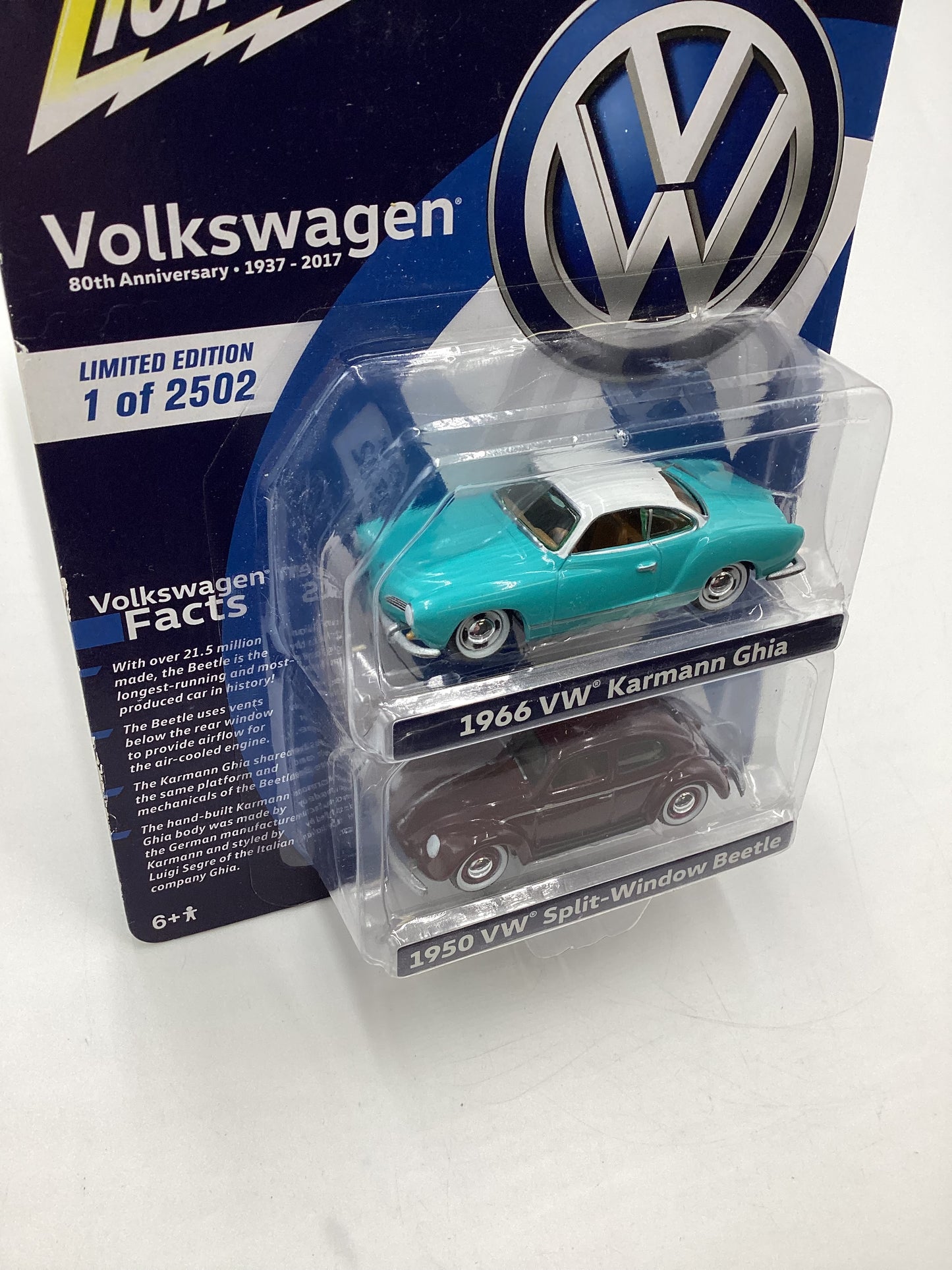 Johnny Lightning 2 Pack 1/2502 1966 VW Karmann Ghia Light Blue 1950 VW Split Window Beetle Maroon with protector