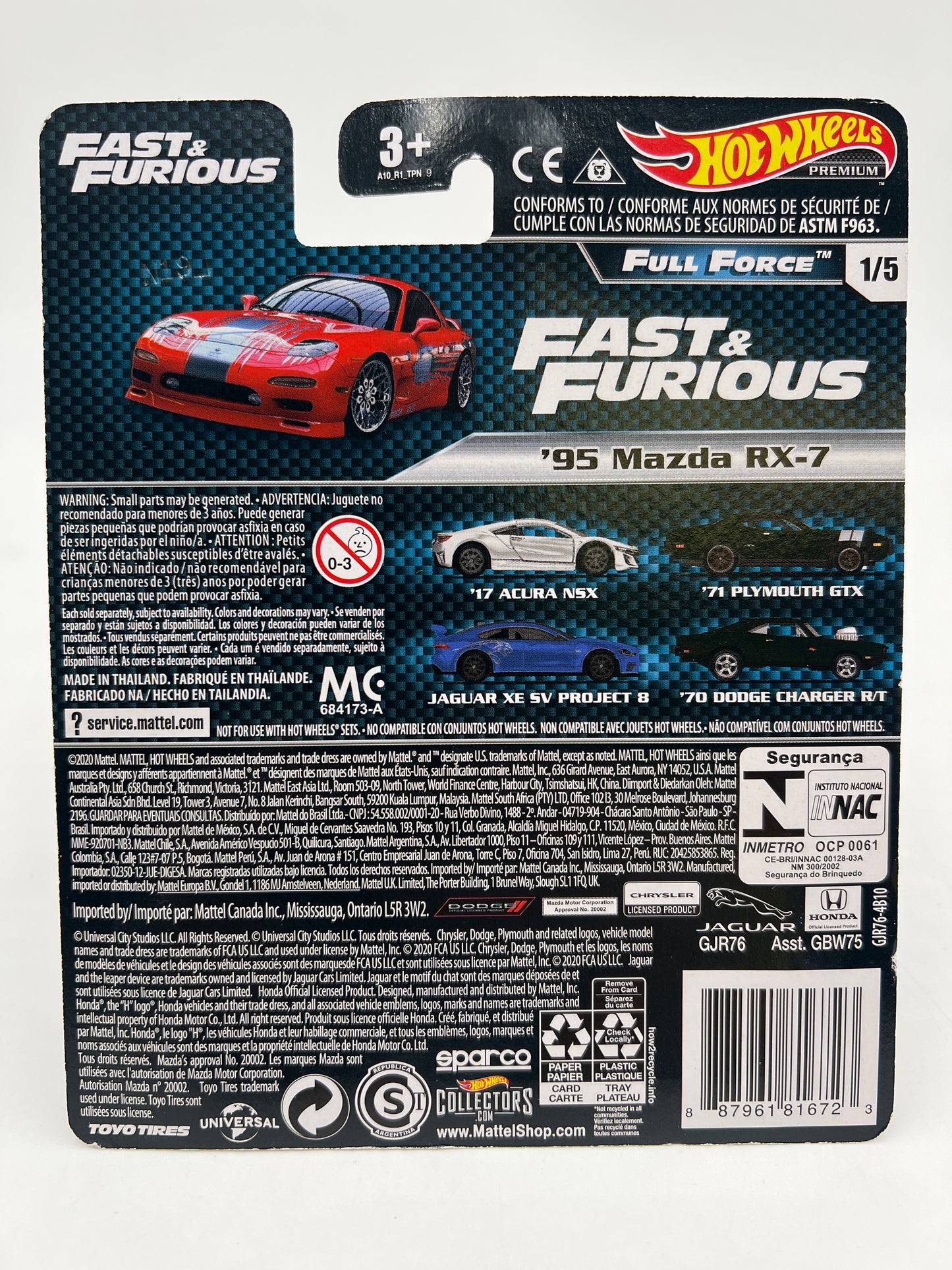 Hot Wheels Fast & Furious Full Force #1 95 Mazda RX-7 Red W/Protector