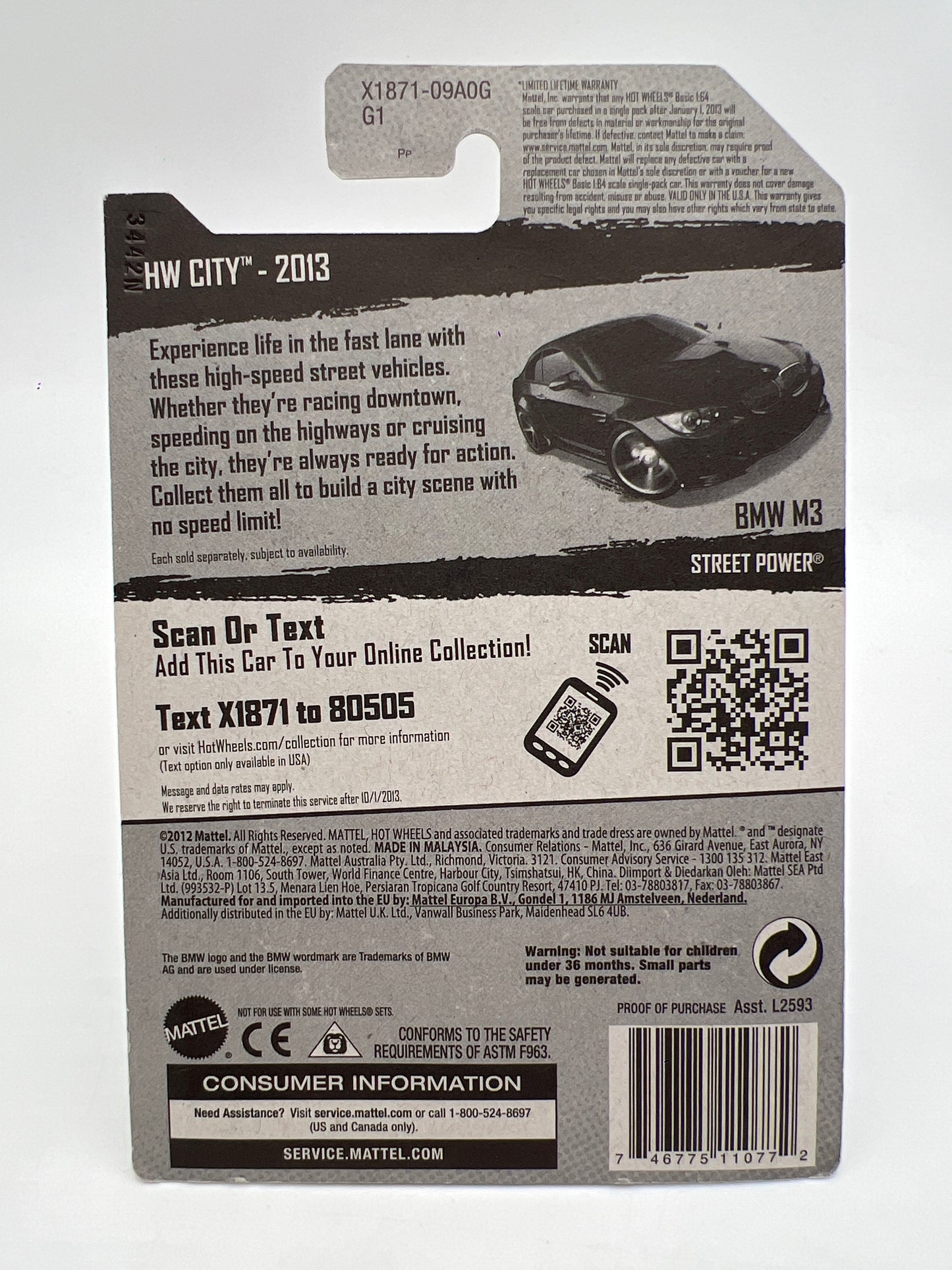 2013 Hot Wheels City #7 BMW M3 Black W/Protector