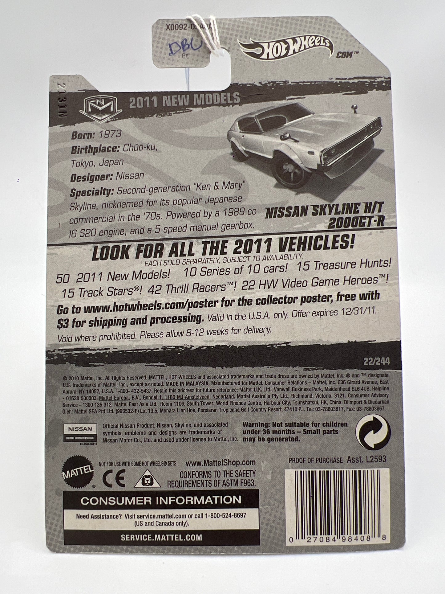 2011 Hot Wheels New Models #22 Nissan Skyline H/T 2000GT-R White