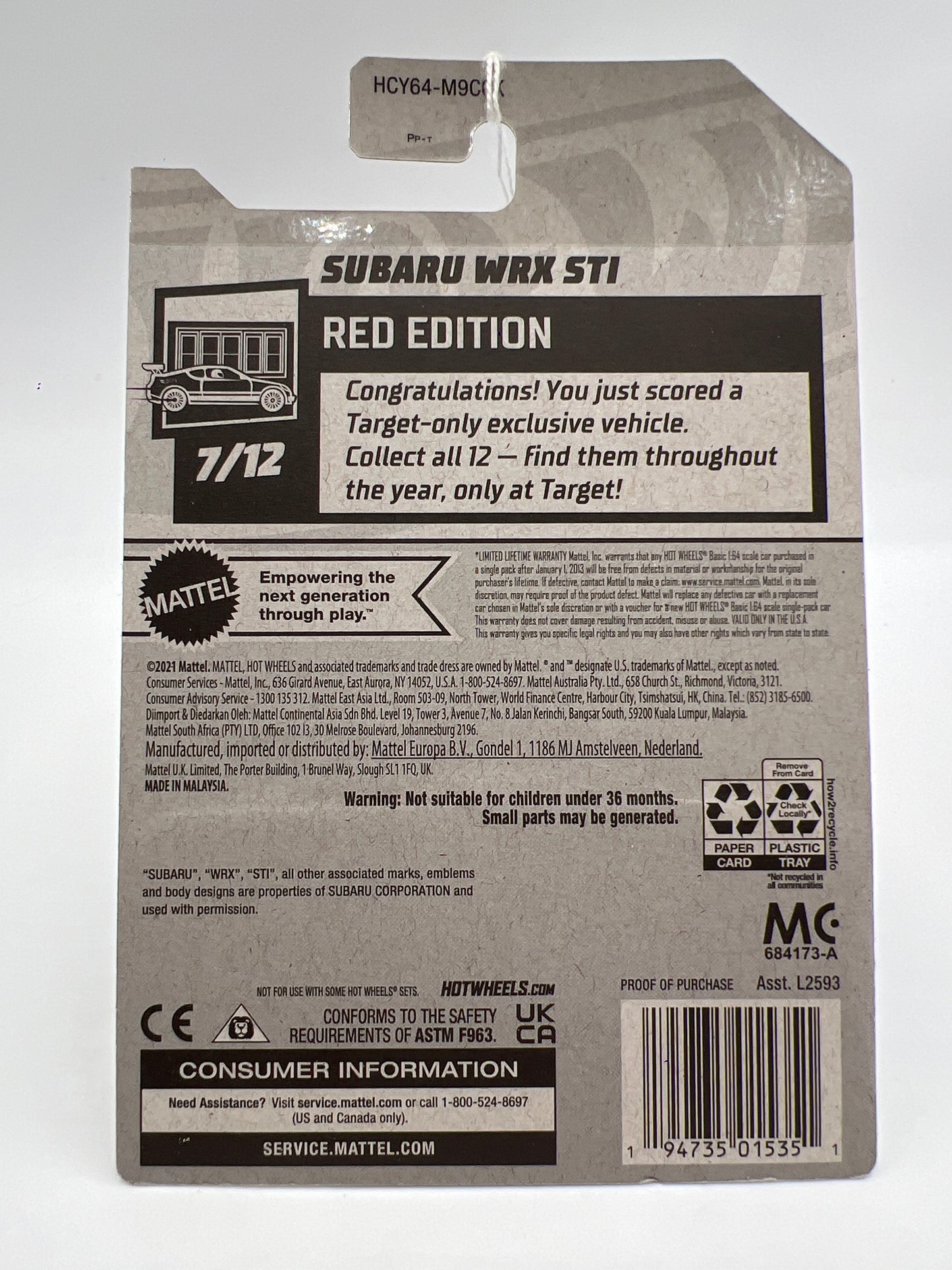 2022 Hot Wheels Target Exclusive Red Edition #67 Subaru WRX STI Black