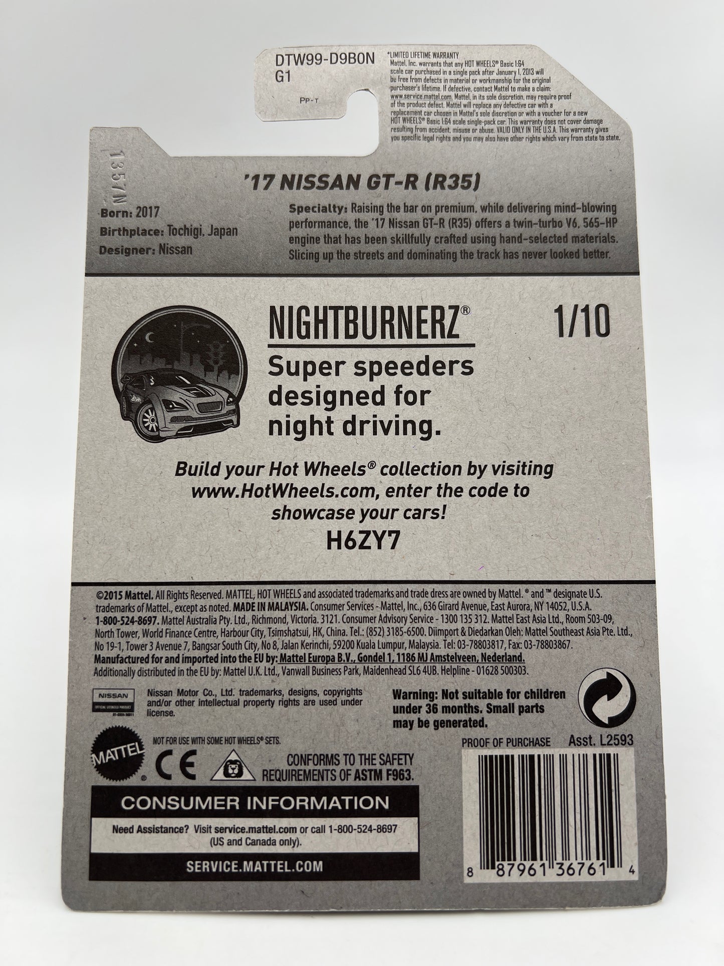 2017 Hot Wheels Factory Sealed Nightburnerz #282 17 Nissan GT-R R35 Orange W/Protector