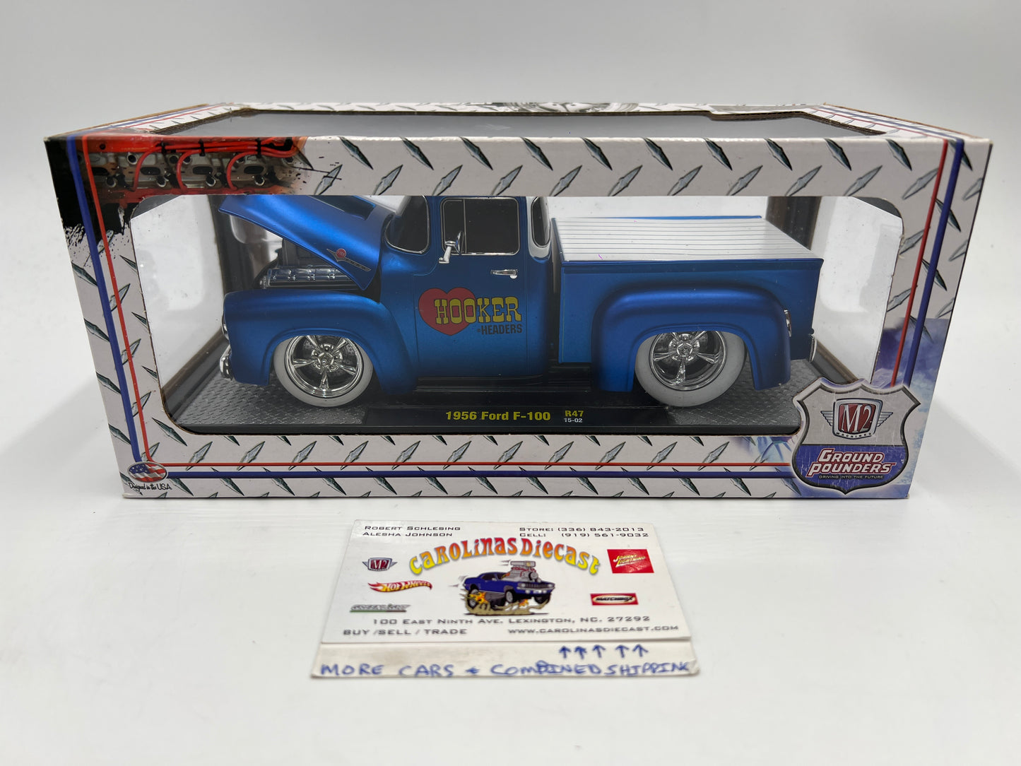 M2 Machines 1/24 Ground Pounders 1956 Ford F-100 Hooker Headers Blue/White R47