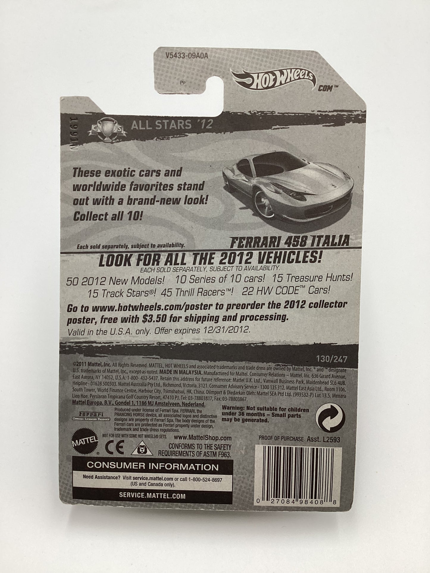 2012 Hot wheels #130 Ferrari 458 Italia White SR with protector