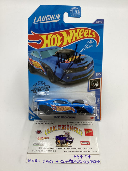 Hot Wheels 10 Pro Stock Camaro Blue #250 Autographed Alex Laughlin Cracked Blister Both Sides with protector