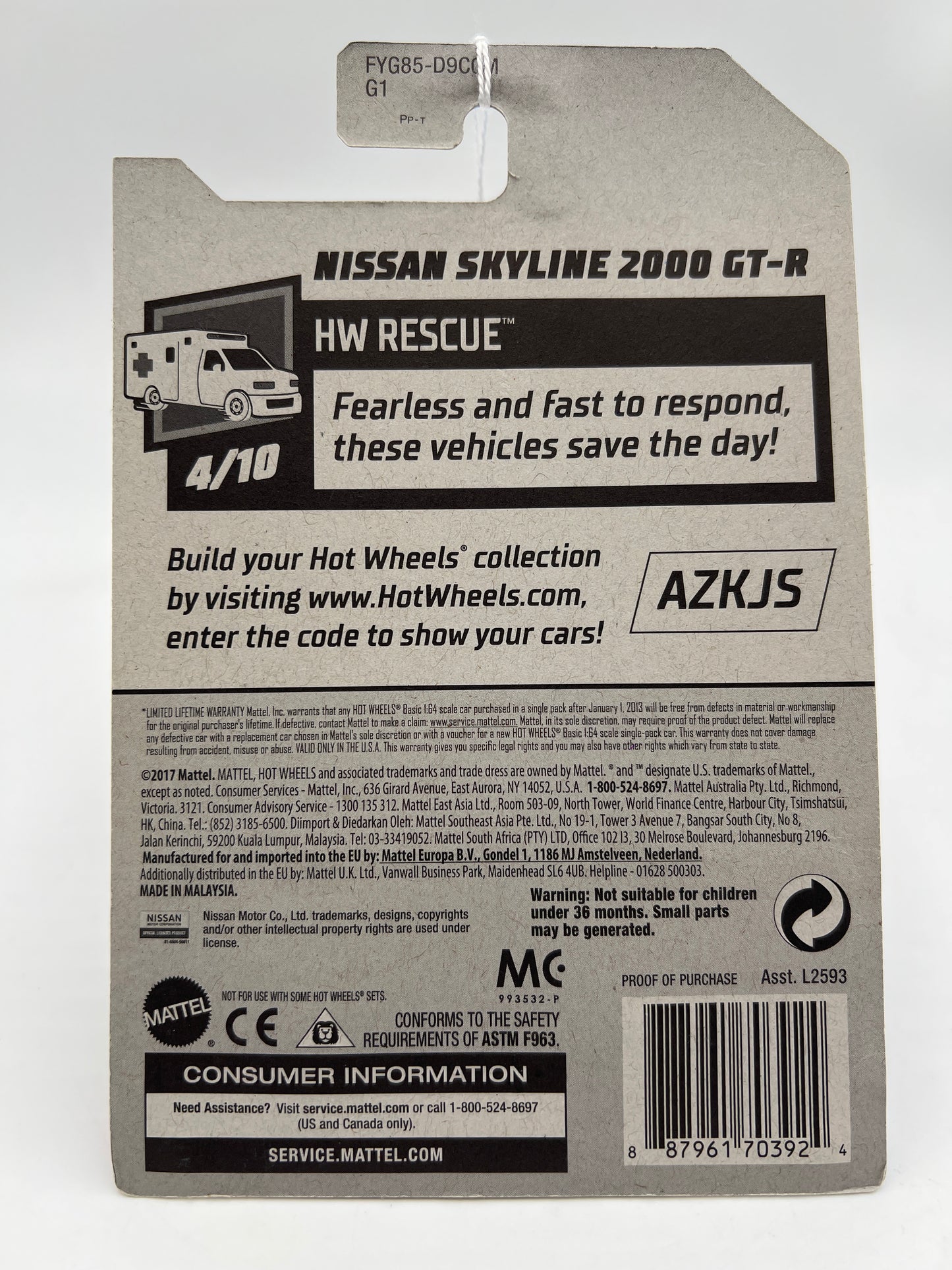 2019 Hot Wheels HW Rescue #160 Nissan Skyline 2000 GT-R Police Red/White 83B