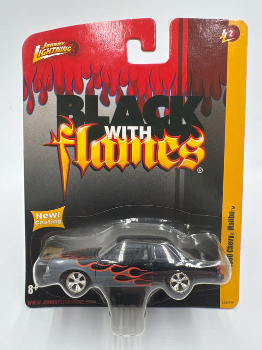 Johnny Lightning Small Card Black With Flames 1980 Chevy Malibu W/Protector