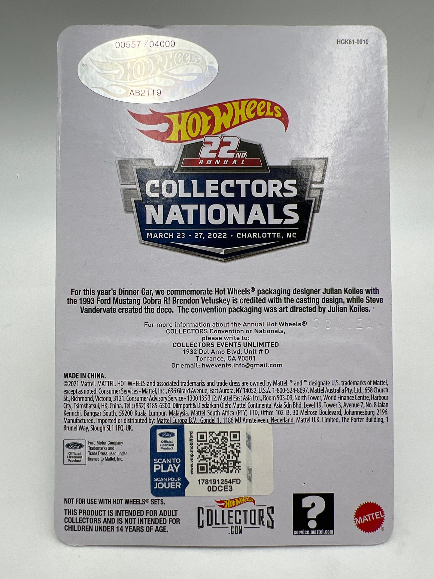 2022 Hot Wheels 22th Collectors Nationals Dinner Sticker 1993 Ford Mustang Cobra R W/Protector