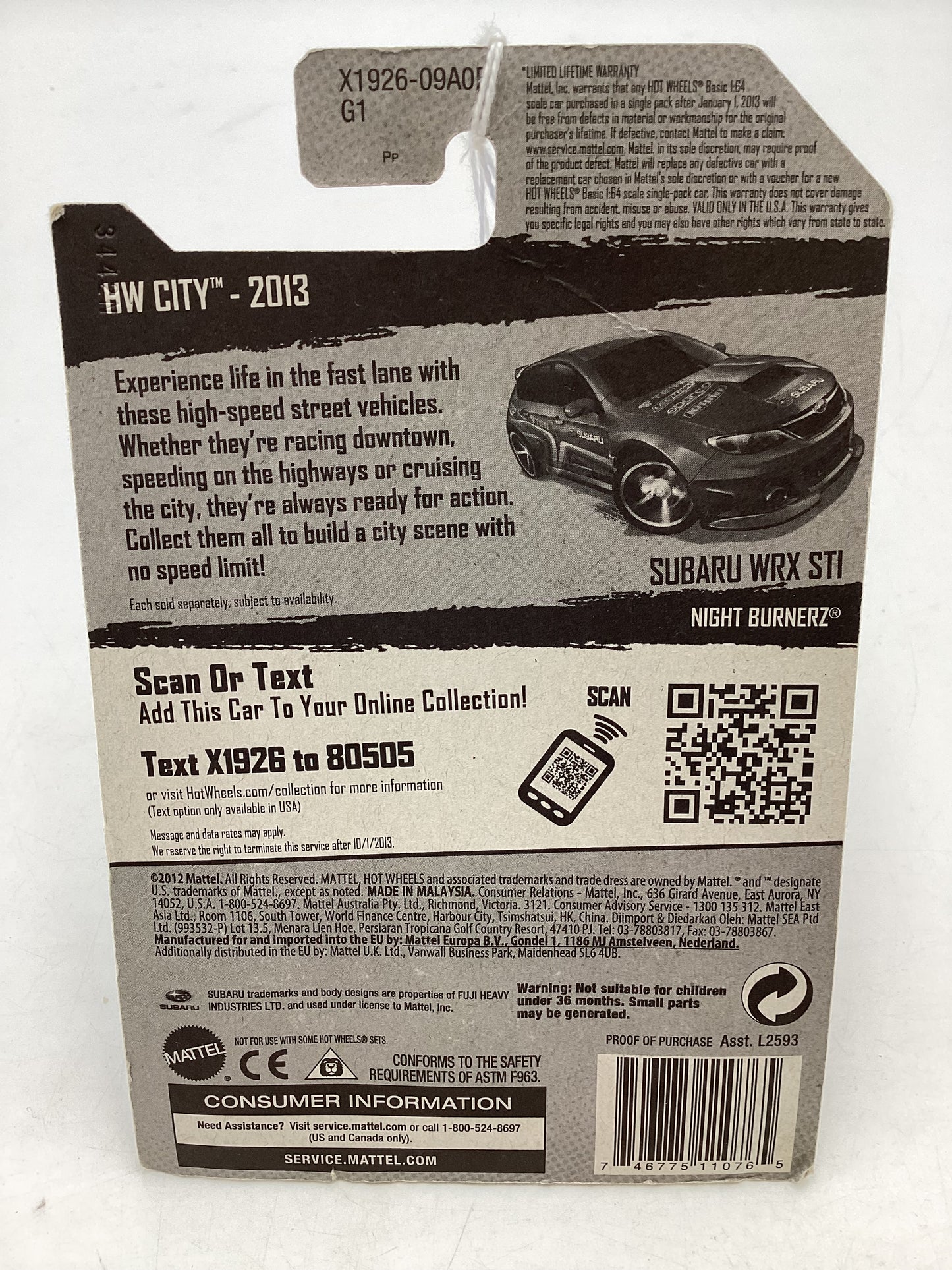 2013 Hot Wheels #25 Subaru WRX STI Blue *Card Not Perfect* 89D