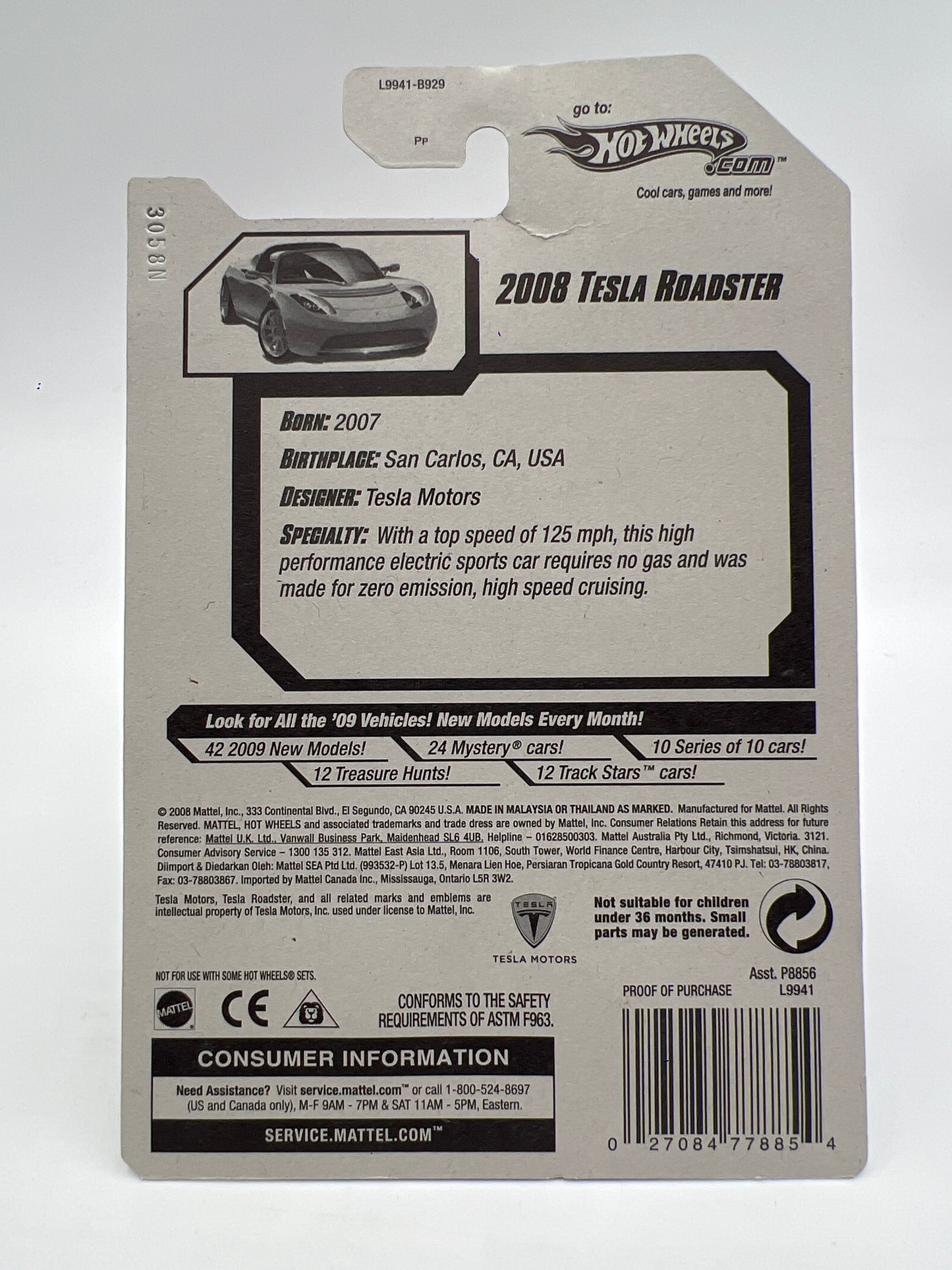 2008 Hot Wheels Target Exclusive Snowflake Card #26 2008 Tesla Roadster W/Protector