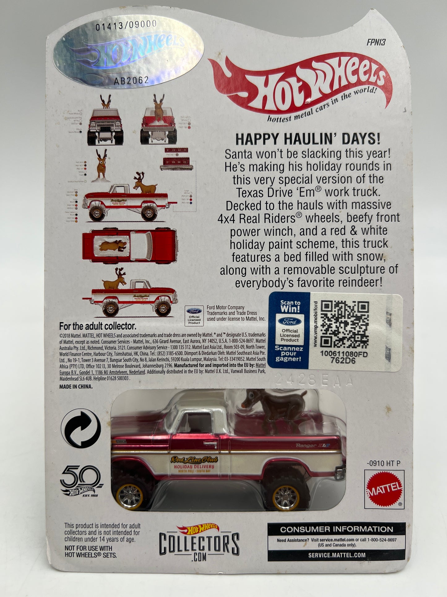 2018 Hot Wheels RLC Club Exclusive Holiday Car #1413/9000 Texas Drive Em W/Protector