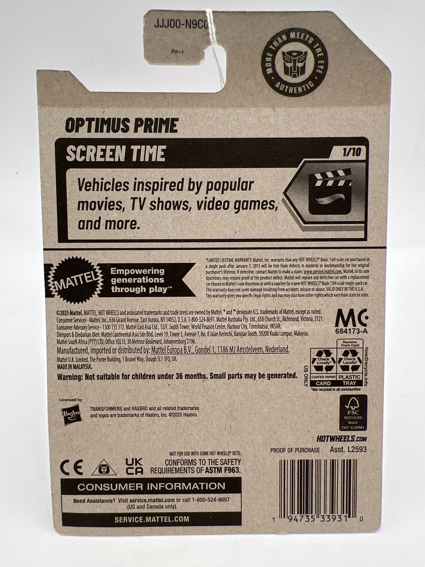 2026 Hot Wheels B Case Screen Time #27 Transformers Optimus Prime