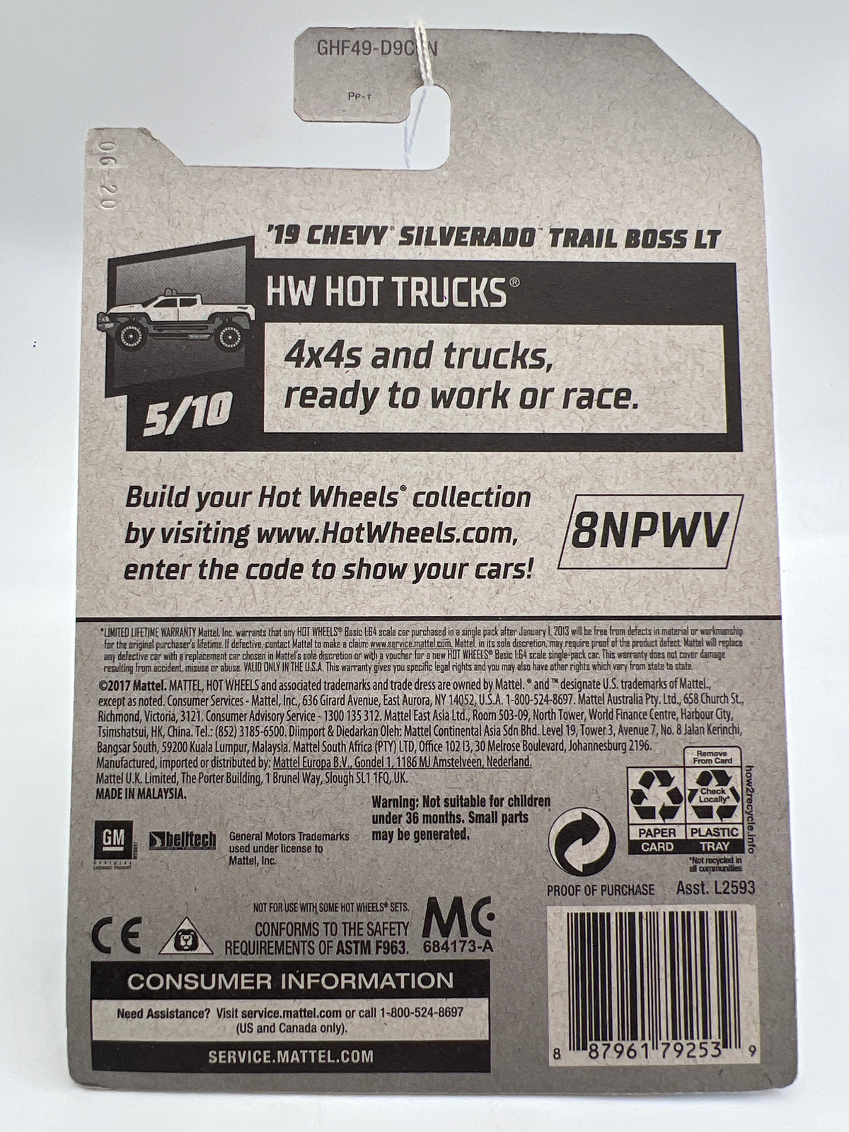 2020 Hot Wheels #151 19 Chevy Silverado Trail Boss LT Black