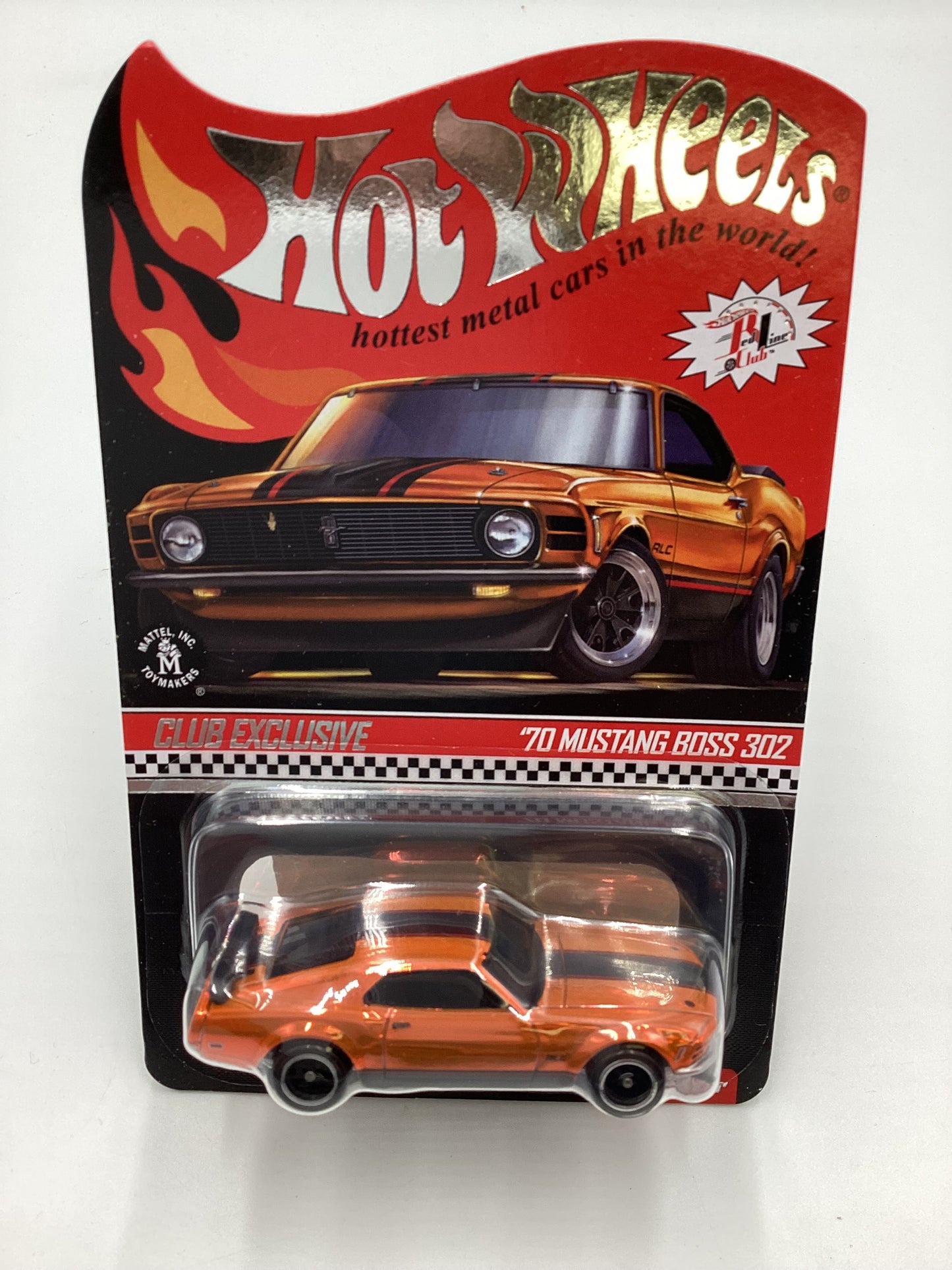 2021 Hot Wheels RLC 70 Mustang Boss 302 Boss Orange Club car with patch and button with protector