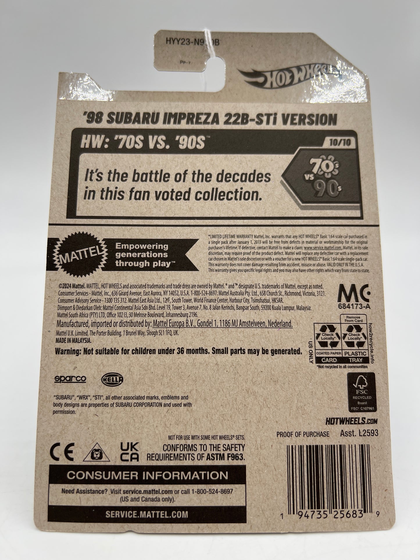 2025 Hot Wheels Dollar General Exclusive #244 98 Subaru Impreza 22B-STi Version Black 238D