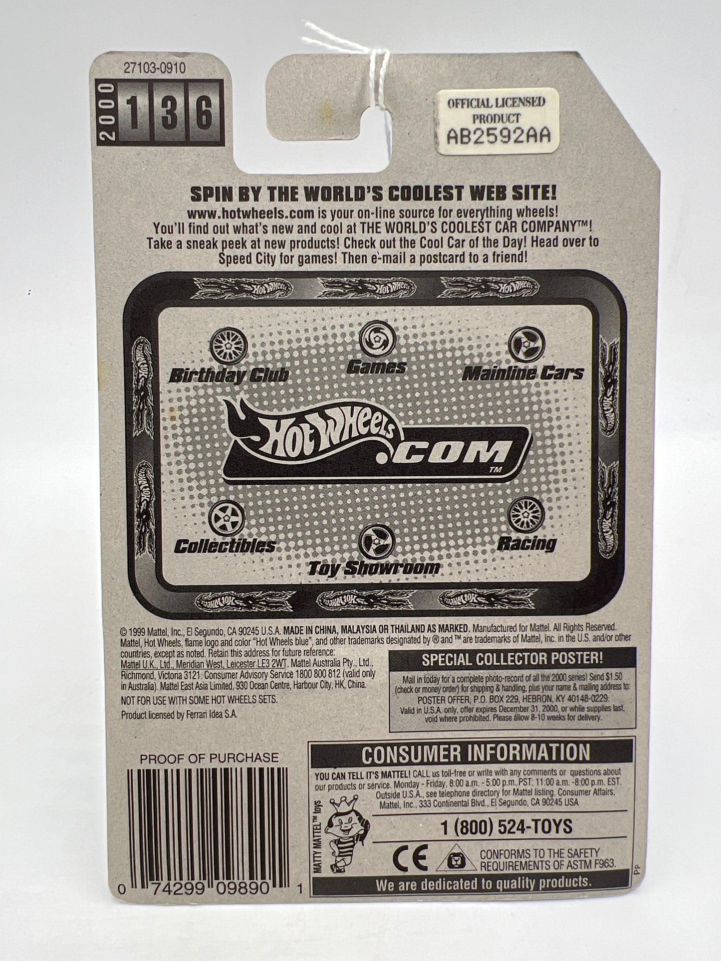 2000 Hot Wheels Collector #136 Ferrari Testarossa White SR