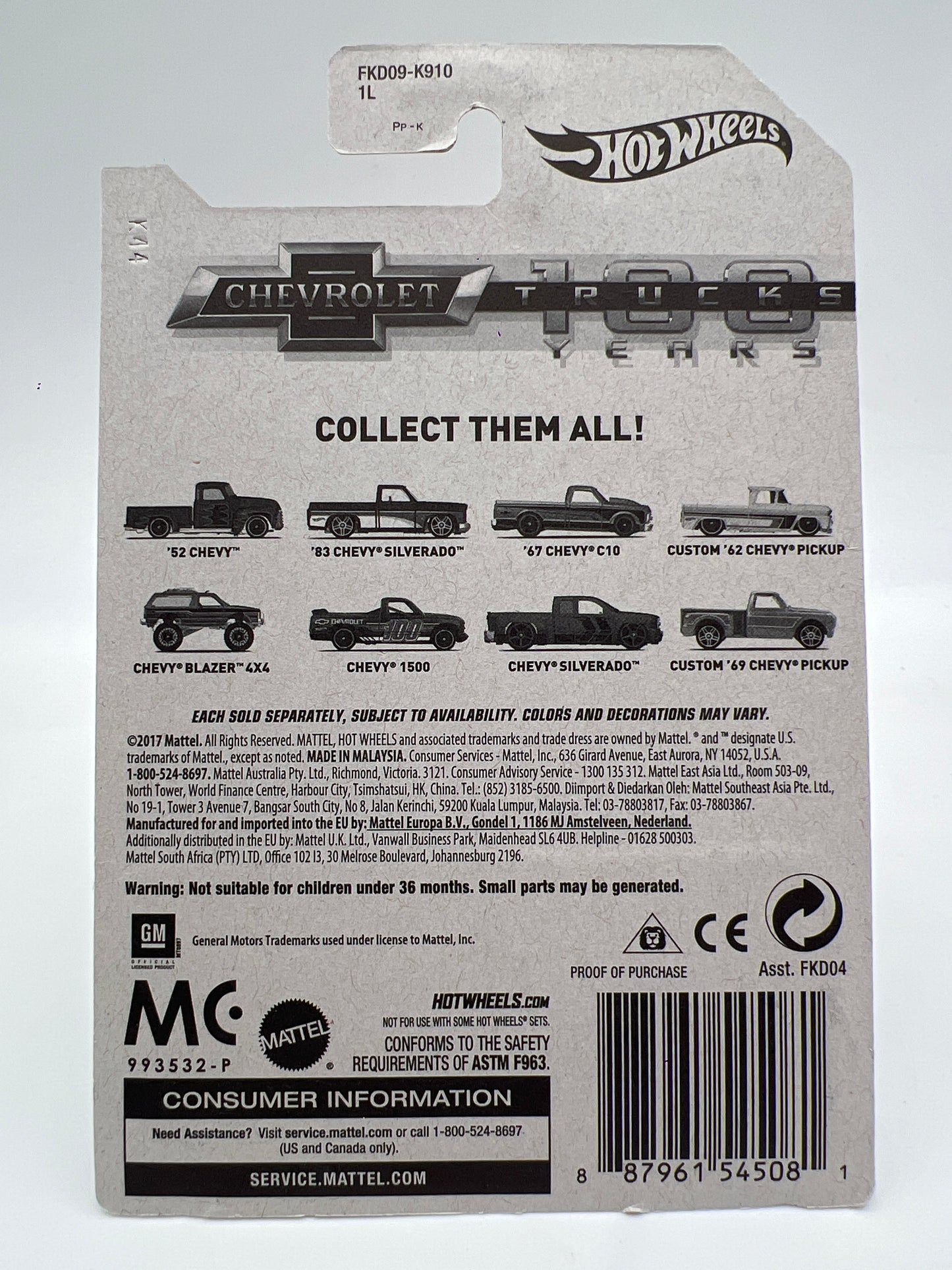 Hot Wheels Chevrolet Trucks 100 Years #2 83 Chevy Silverado Black W/Protector