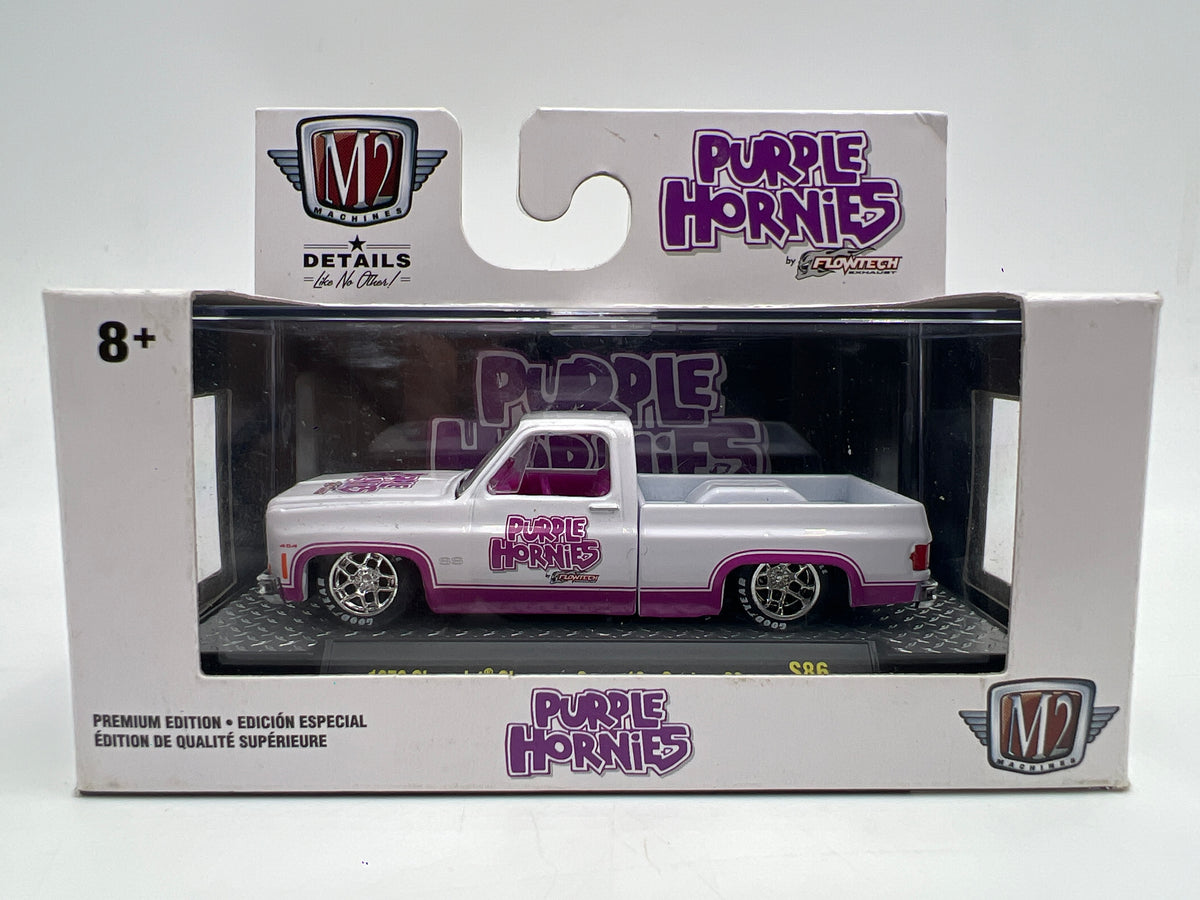 M2 Machines S86 Purple Hornies 1973 Chevrolet Cheyenne Super 10 Custom SS White