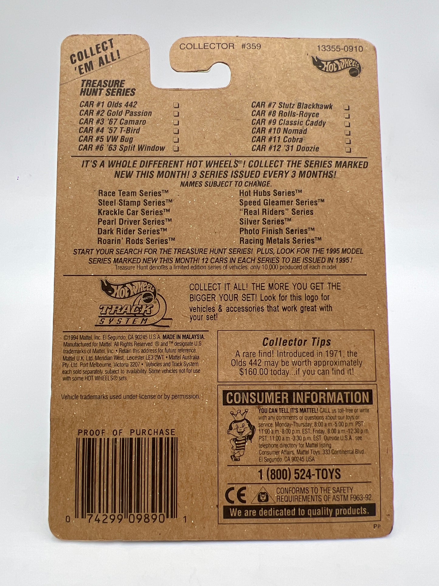 1995 Hot Wheels Treasure Hunt Series #7 Real Riders Stutz Blackhawk Black W/Protector Card Has Wrinkles