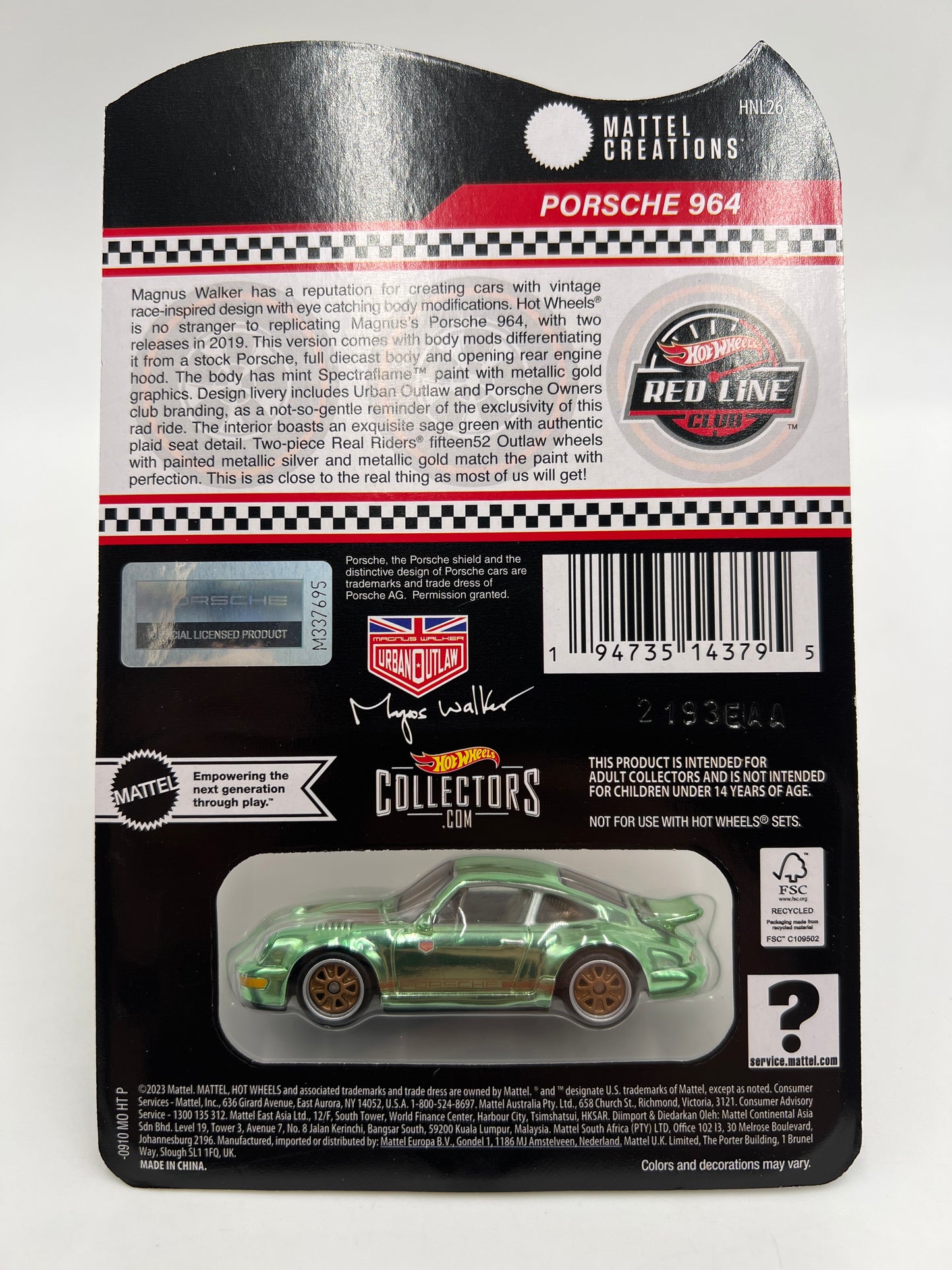 Hot Wheels RLC Porsche 964 Magnus Walker Urban Outlaw Green W/Protector