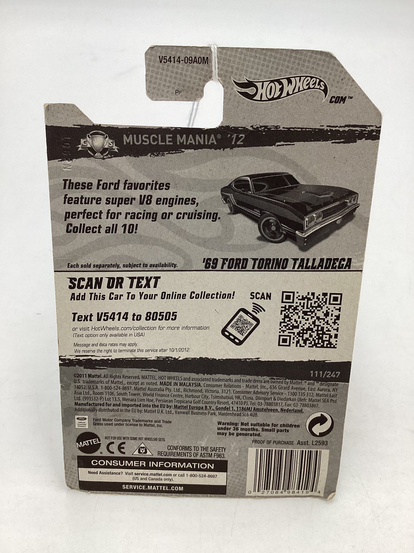 2012 Hot Wheels Muscle Mania Ford #111 69 Ford Torino Talledega Black *Bad Card* 34A