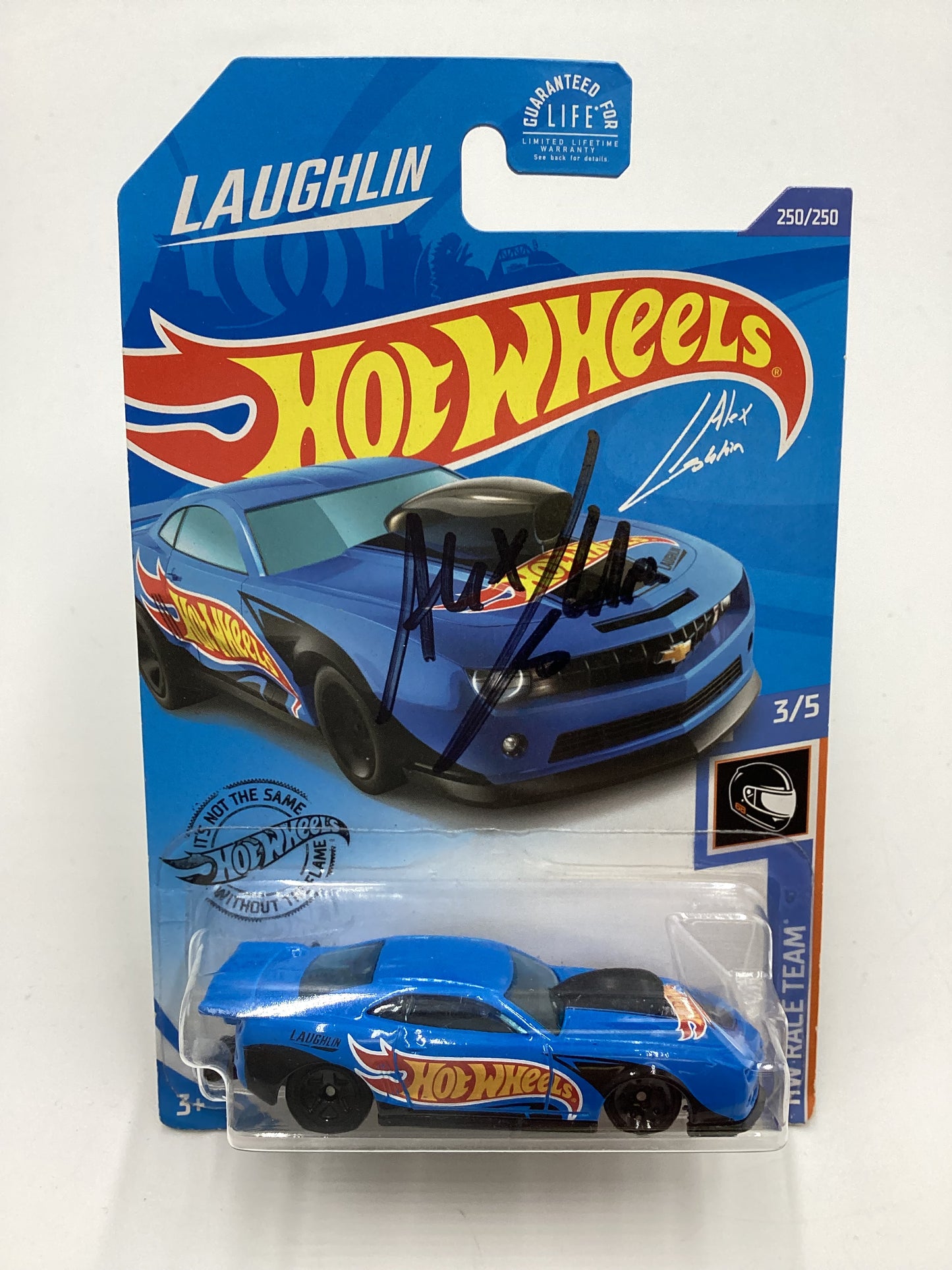 Hot Wheels 10 Pro Stock Camaro Blue #250 Autographed Alex Laughlin Cracked Blister Both Sides with protector
