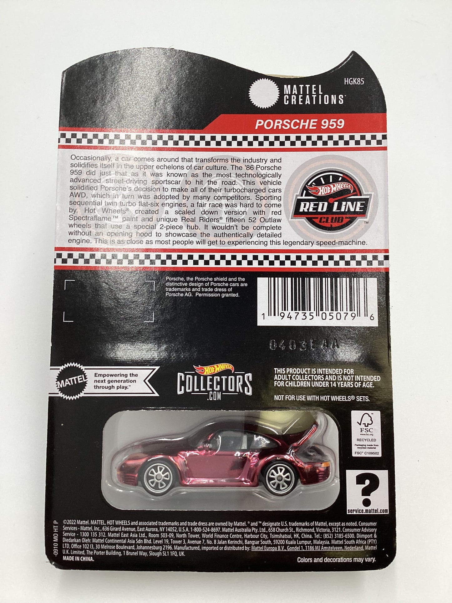 Hot Wheels RLC Non Sticker Card Porsche 959 Red with protector