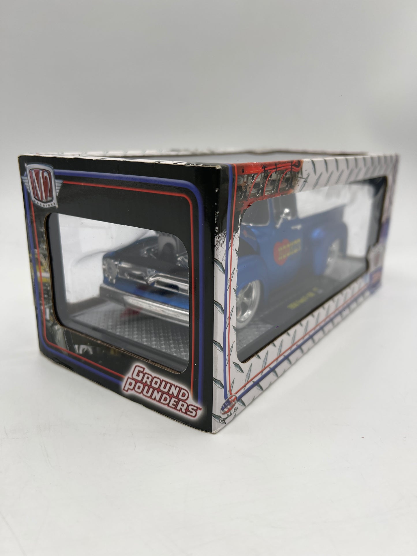 M2 Machines 1/24 Ground Pounders 1956 Ford F-100 Hooker Headers Blue/White R47