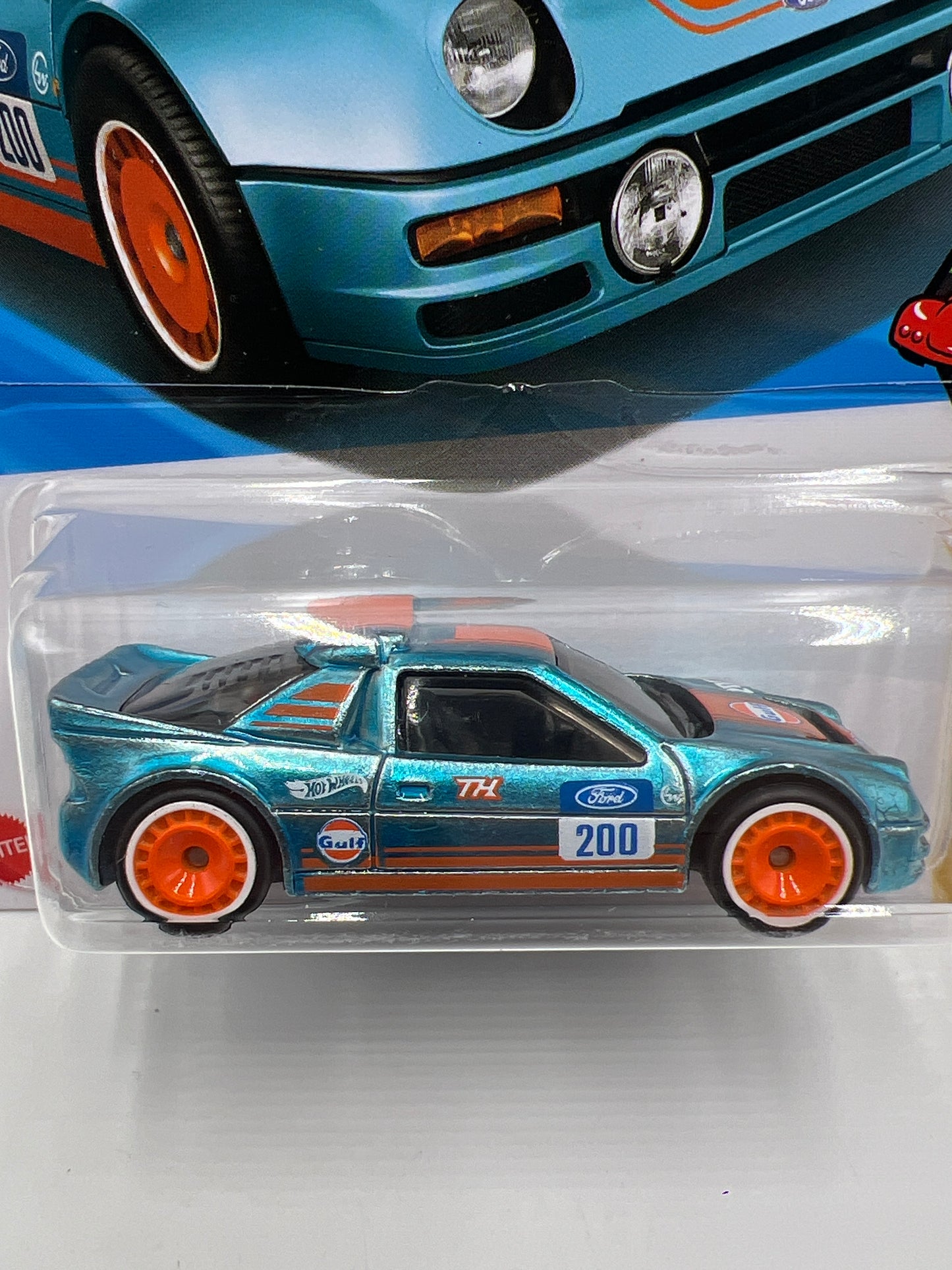 2025 Hot Wheels Q Case Super Treasure Hunt #247 Ford RS200 Gulf Blue W/Protector Intl Card 1