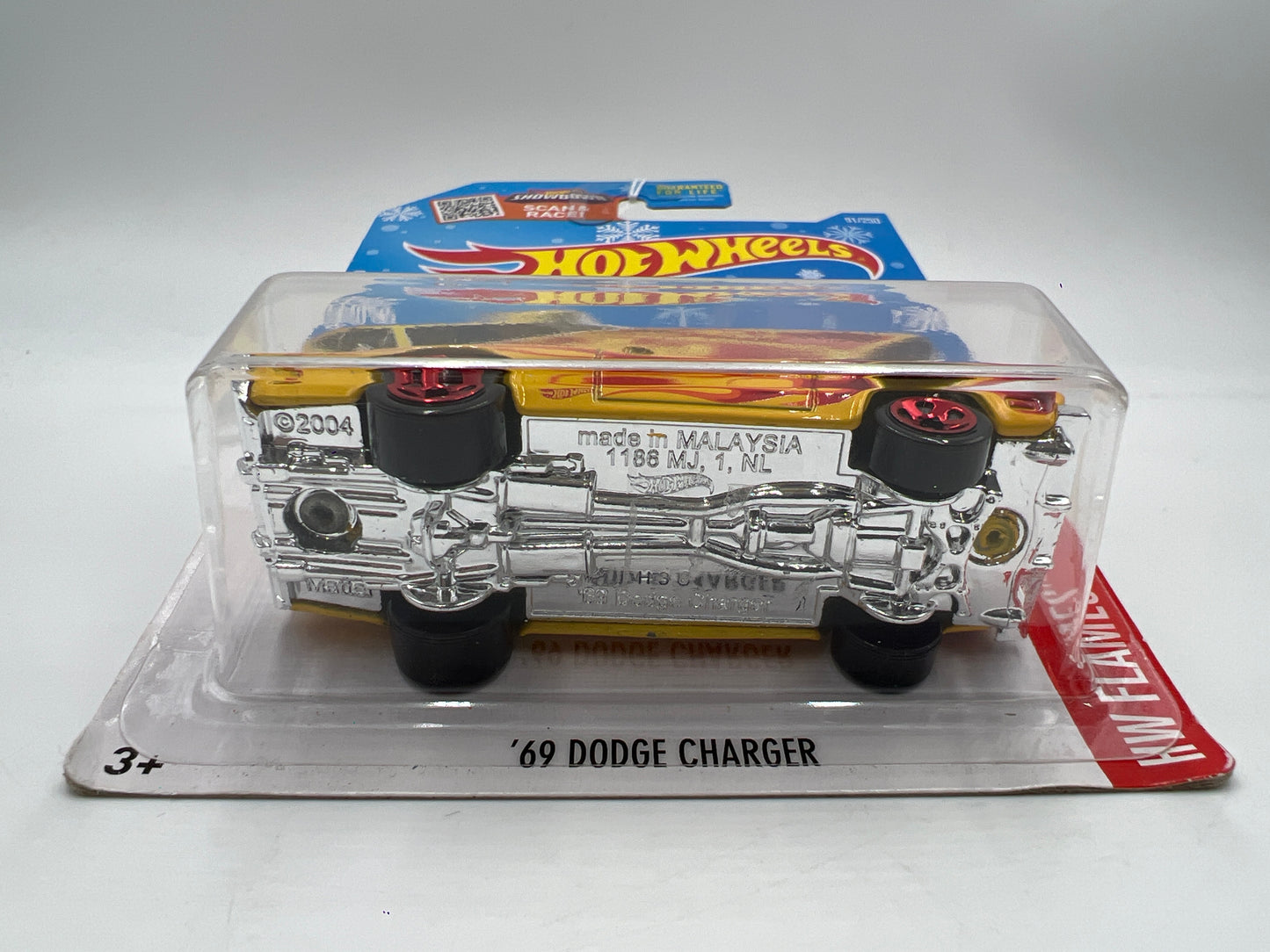 2016 Hot Wheels Target Snowflake Card HW Flames #91 69 Dodge Charger Yellow