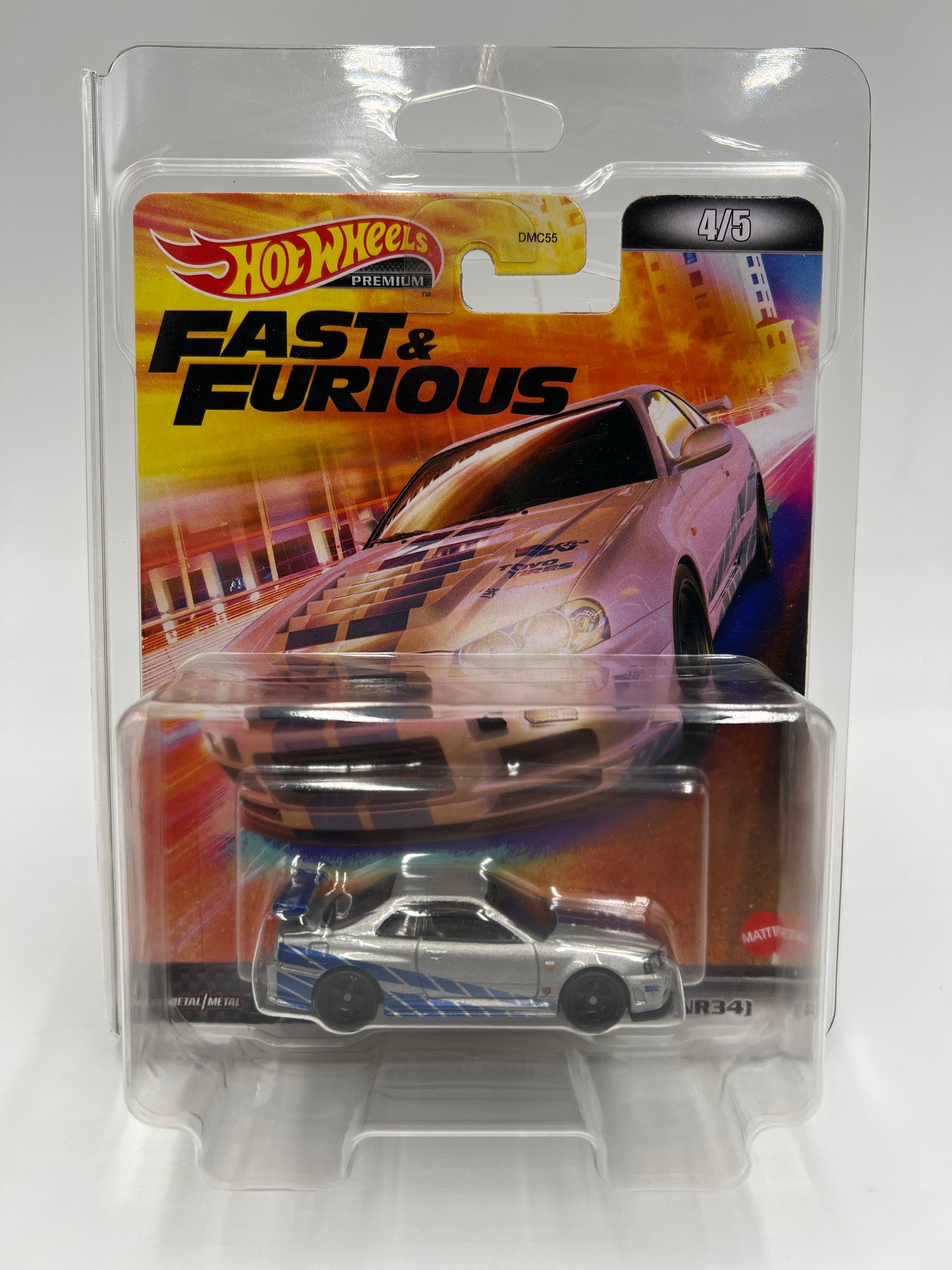 Hot Wheels Premium Fast & Furious #4 Nissan Skyline GT-R BNR34 Silver/Blue W/Protector