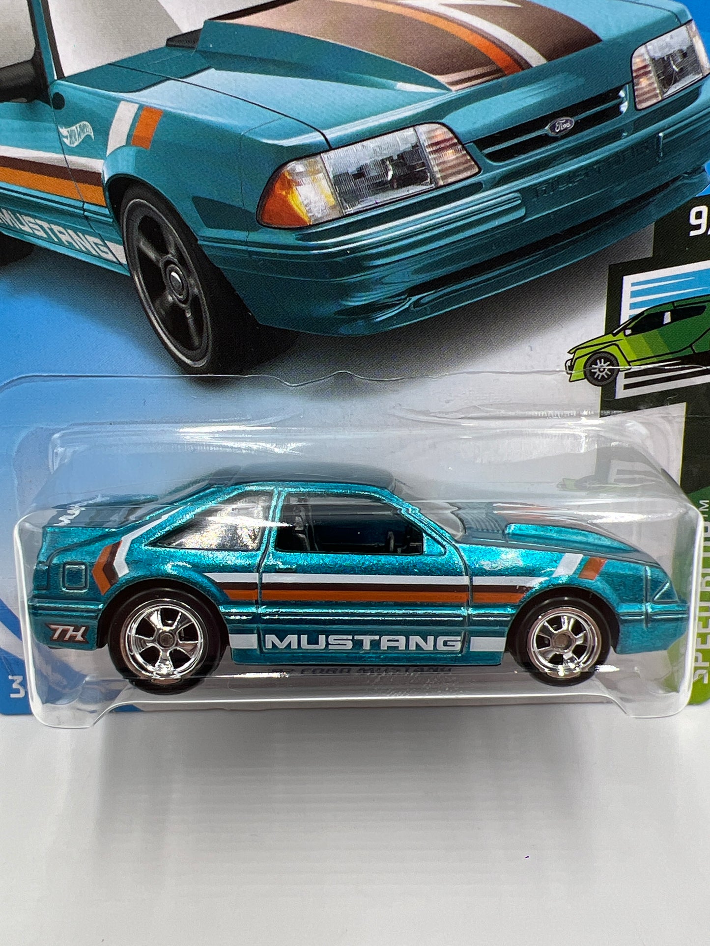 2019 Hot Wheels Super Treasure Hunt #152 Month Card 92 Ford Mustang Foxbody Blue W/Protector
