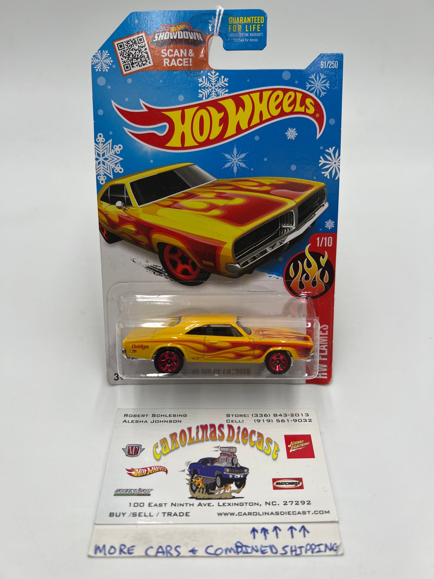 2016 Hot Wheels Target Snowflake Card HW Flames #91 69 Dodge Charger Yellow