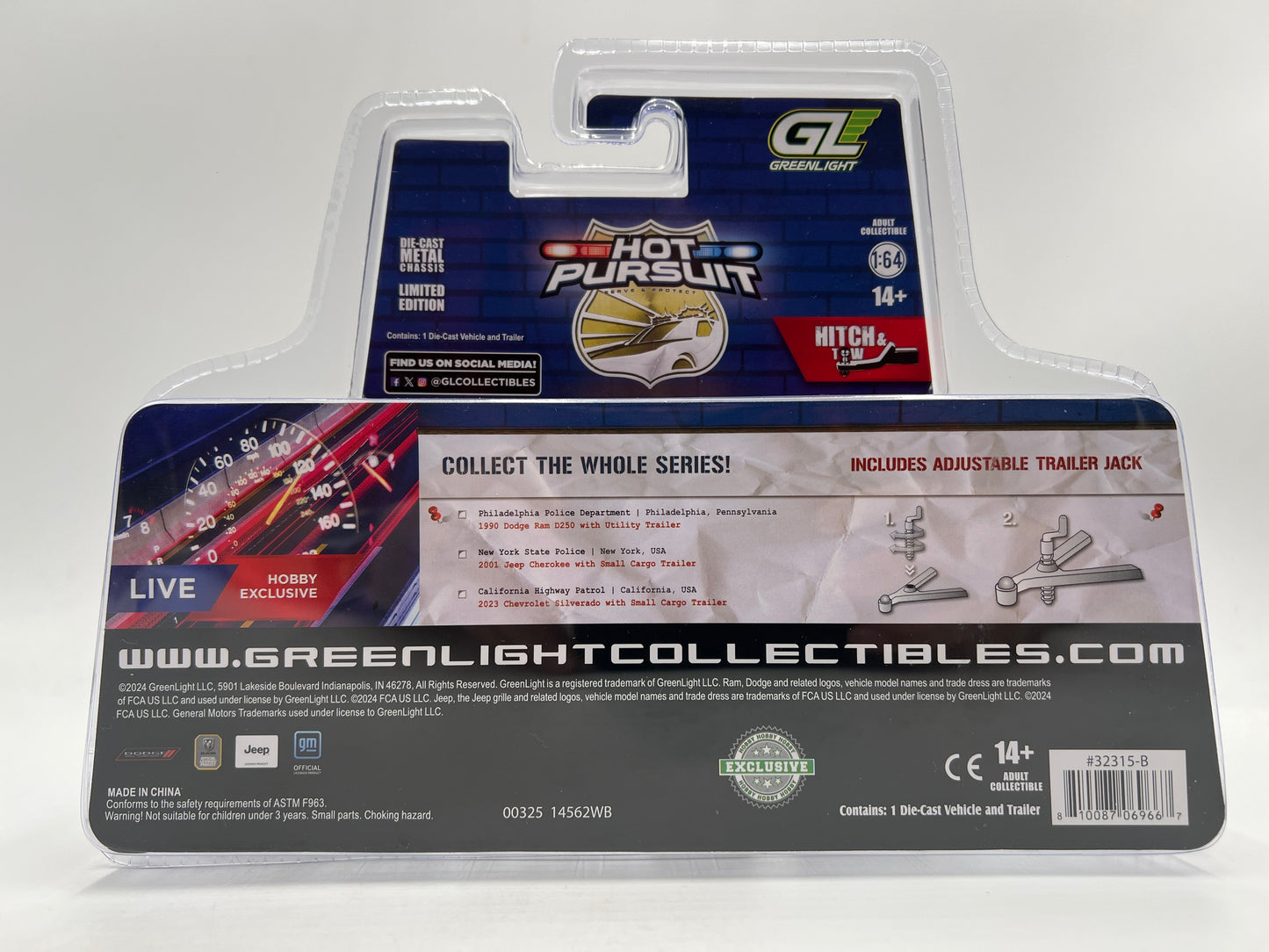Greenlight Hobby Exclusive CHASE Hitch & Tow Hot Pursuit 2001 Jeep Cherokee W/Small Cargo Trailer