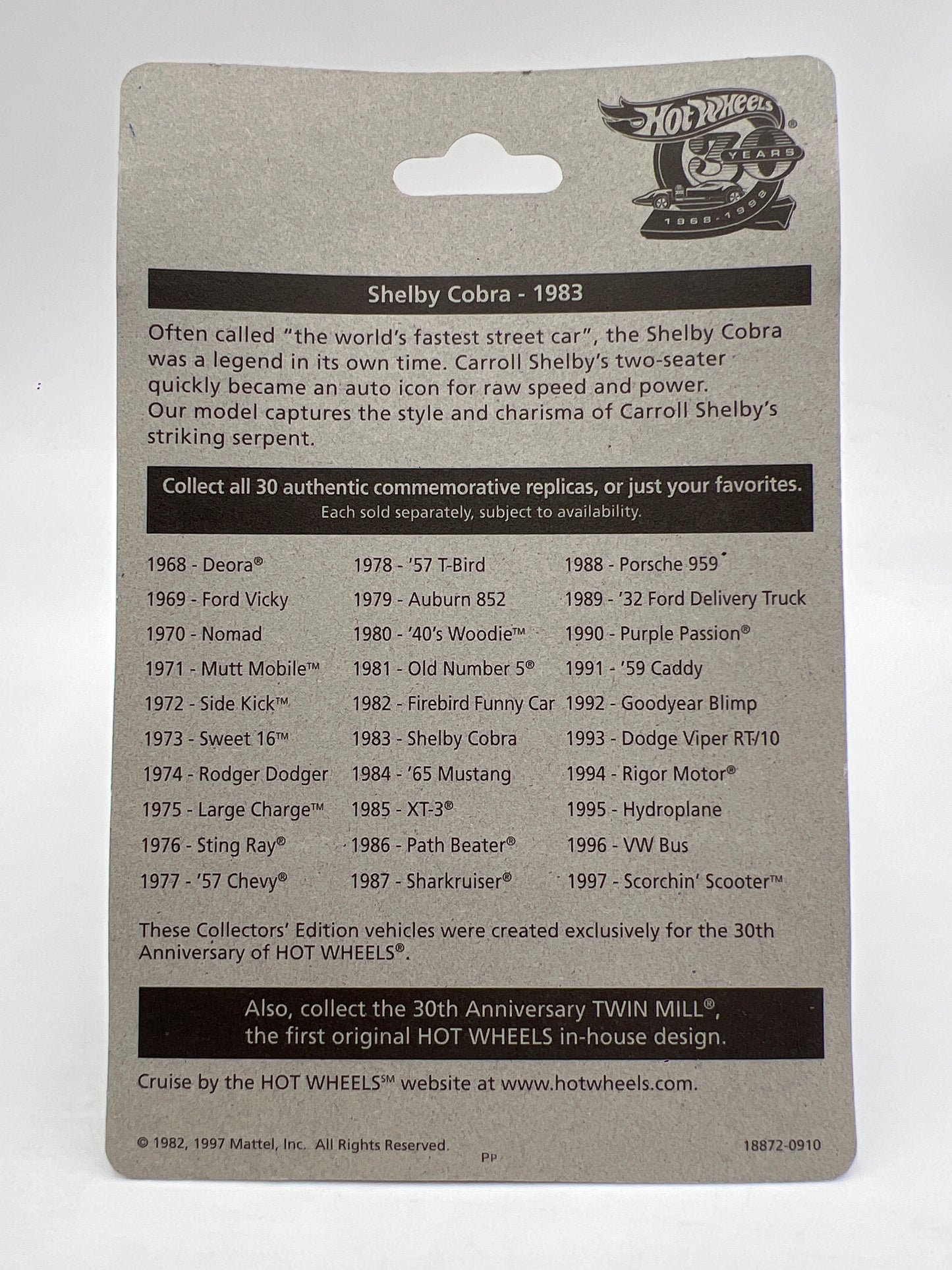 Hot Wheels 30 Years 1970 Authentic Commemorative Replica Real Riders Shelby Classic Cobra Blue W/Protector