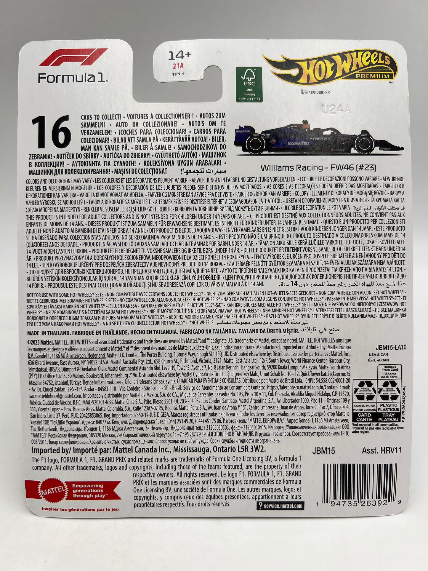 Hot Wheels Premium Formula 1 2024 Williams Racing FW46 #23 241D