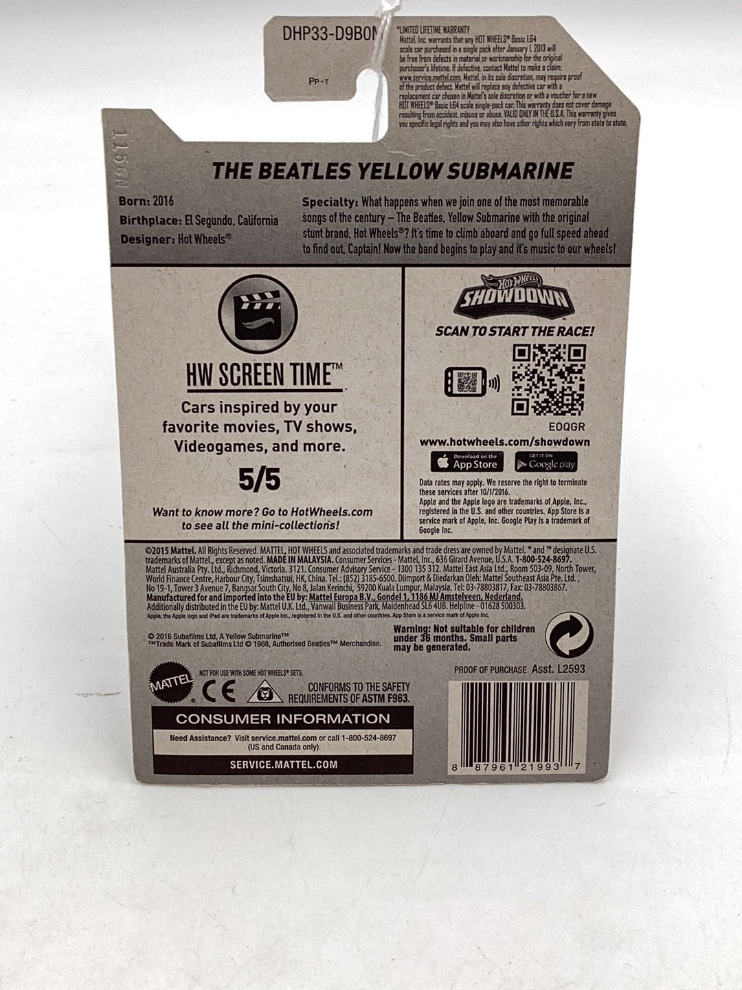 2016 Hot Wheels #225 The Beatles yellow submarine 120C