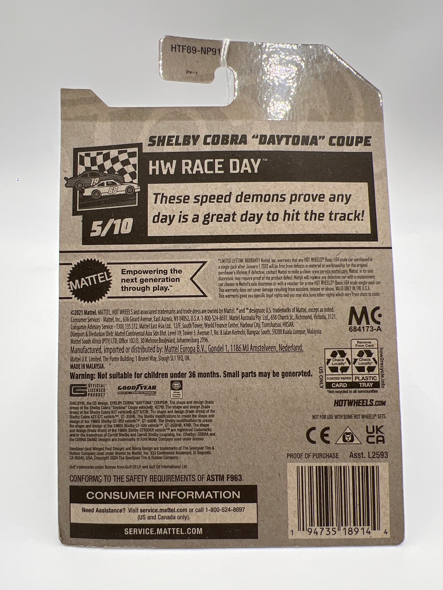 2024 Hot Wheels Walgreens Exclusive Race Day #122 Shelby Cobra Daytona Coupe Gulf White 239F