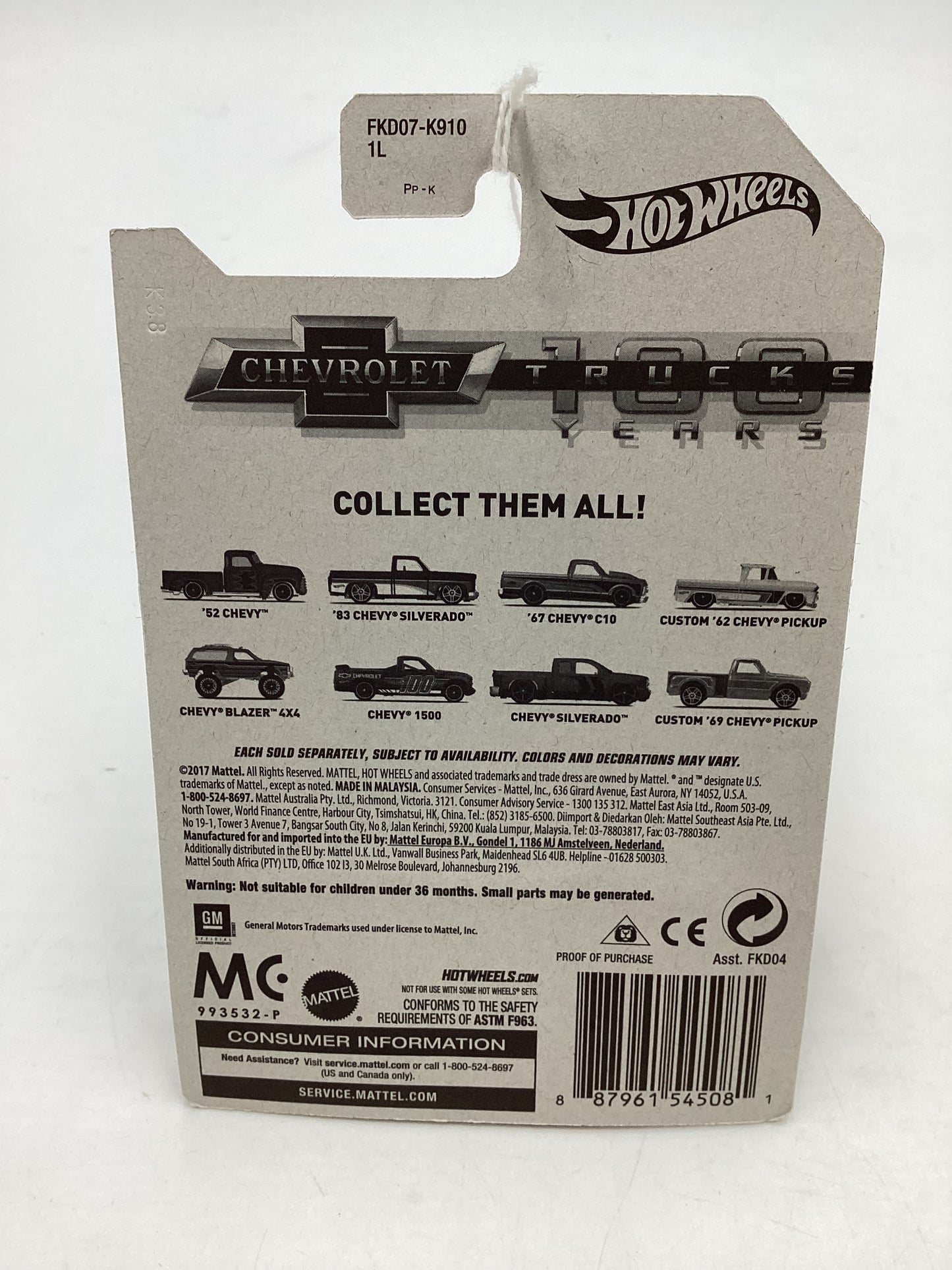 Hot Wheels Walmart 100 Years Chevy #3 67 Chevy C10 Silver card not perfect 161S