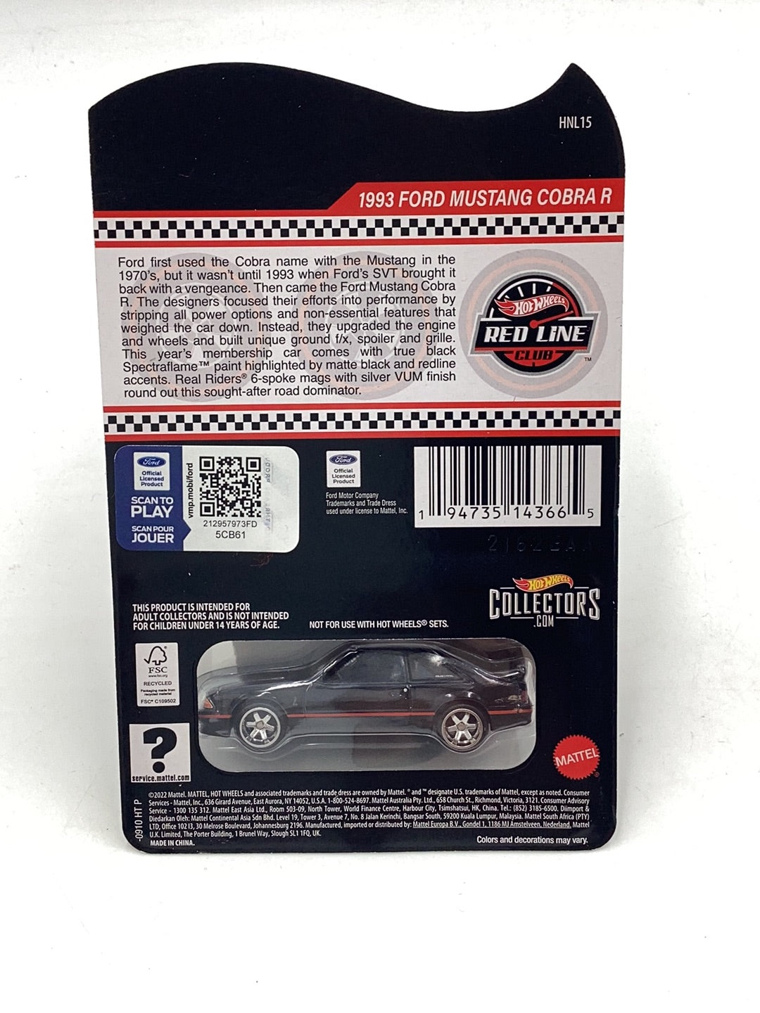 2023 Hot Wheels 1993 Ford Mustang Cobra R Club Car W/Patch and Pin