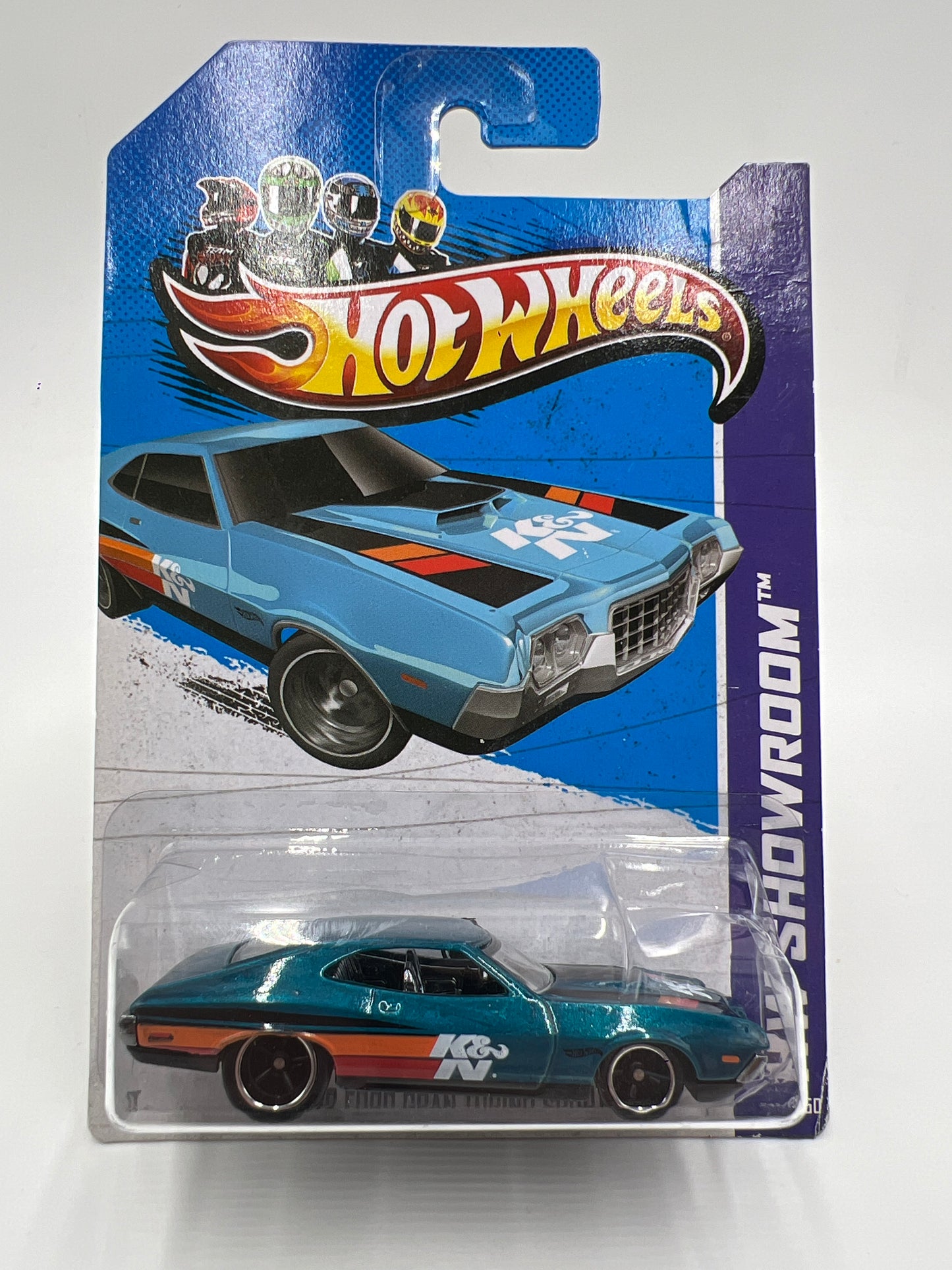 2013 Hot Wheels Super Treasure Hunt #242 72 Ford Gran Torino Sport Blue K&N W/Protector Crushed Blister
