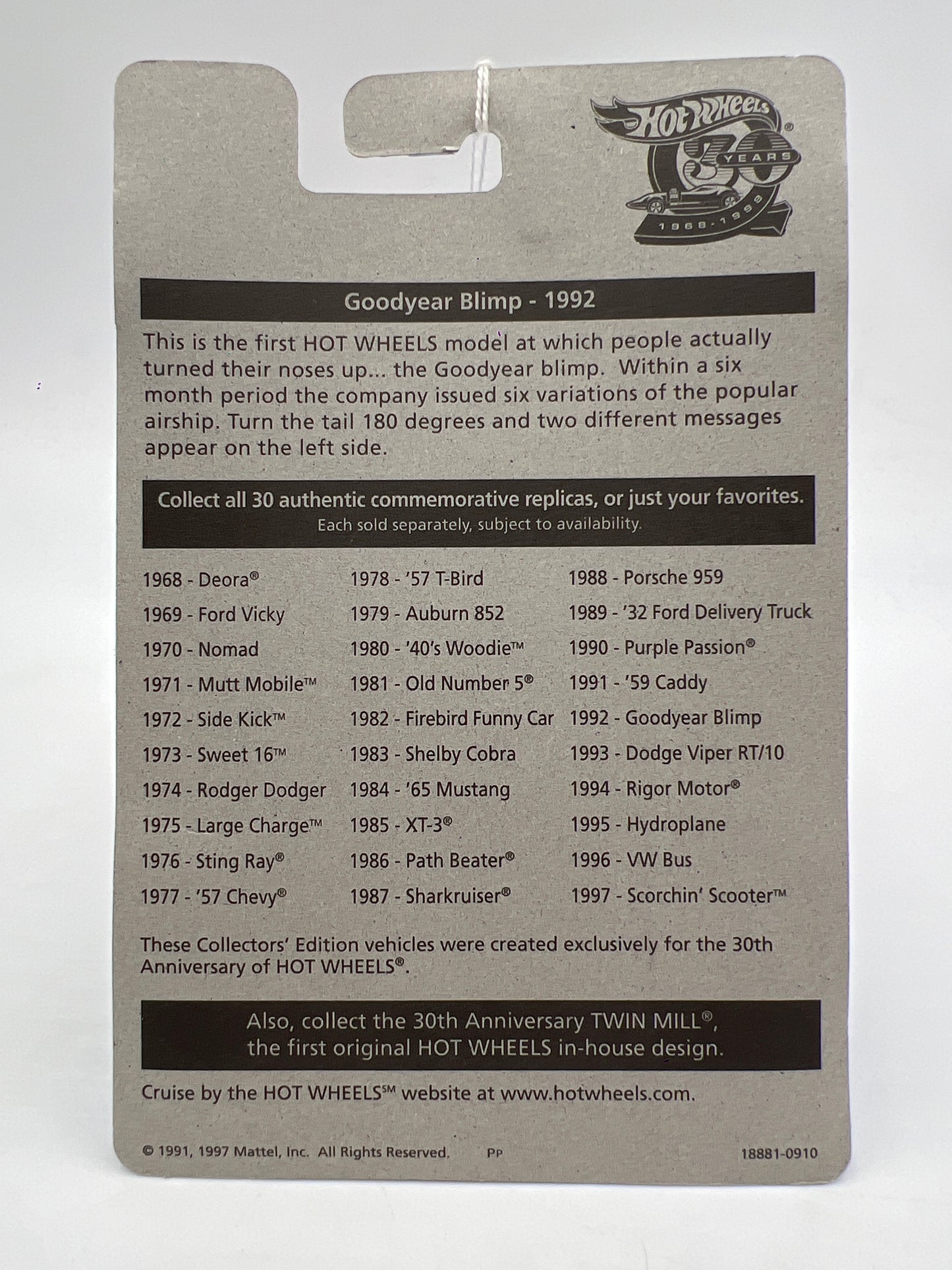 Hot Wheels 30 Years 1992 Authentic Commemorative Replica #194 Goodyear Blimp