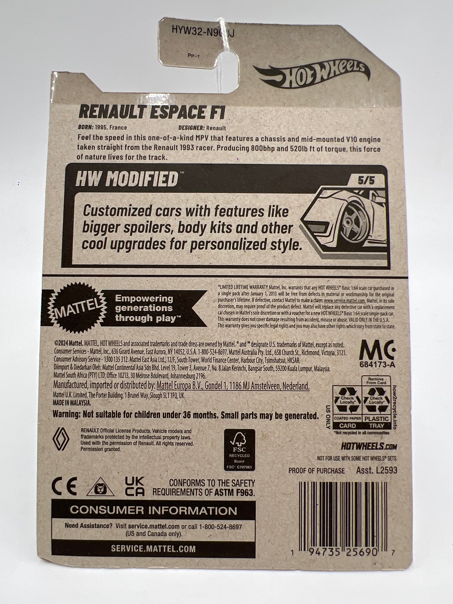 2025 Hot Wheels J Case HW Modified #172 Renault Espace F1 Yellow 63B