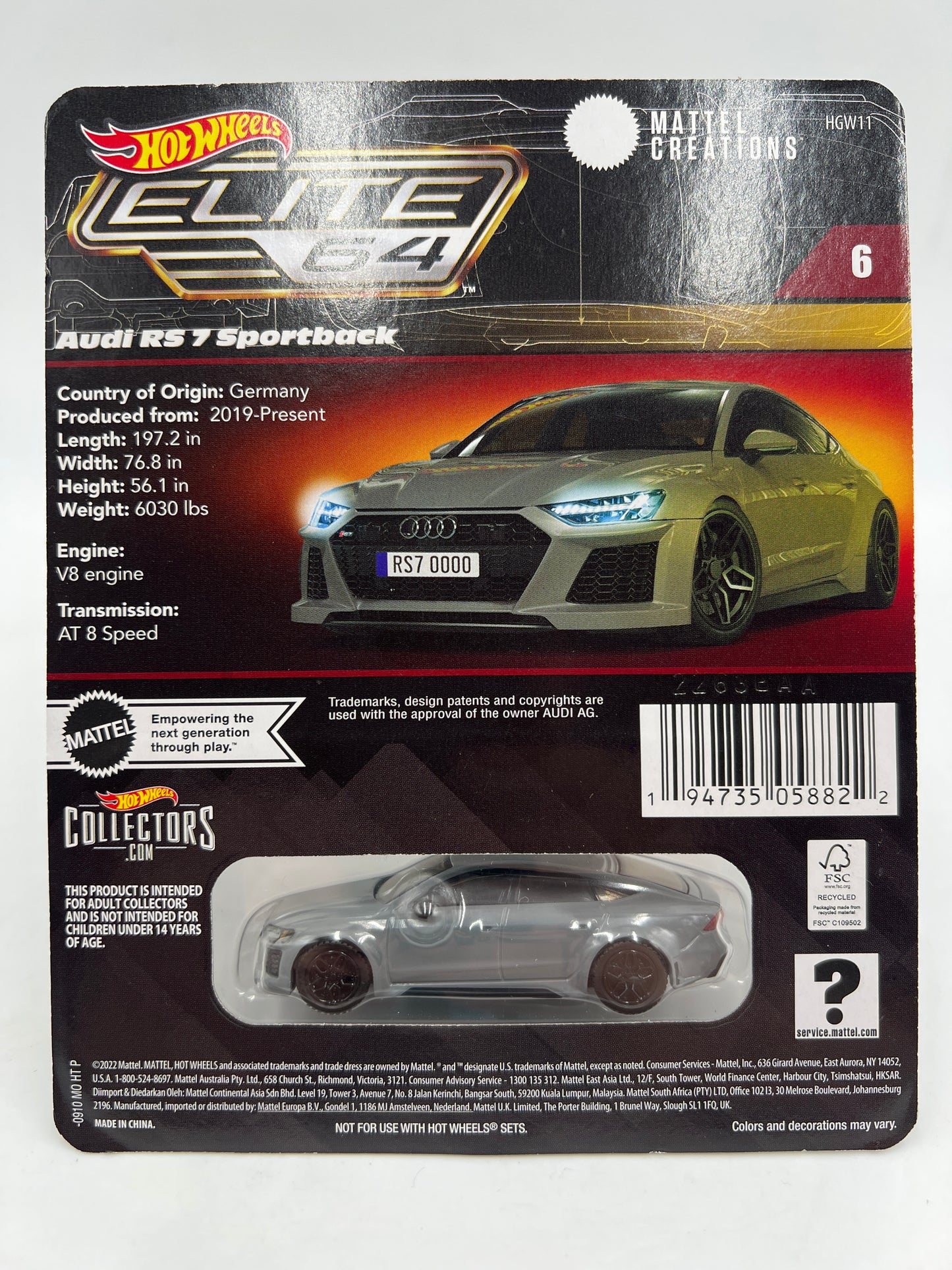 Hot Wheels RLC Elite 64 #6 Audi RS 7 Sportback Gray W/Protector