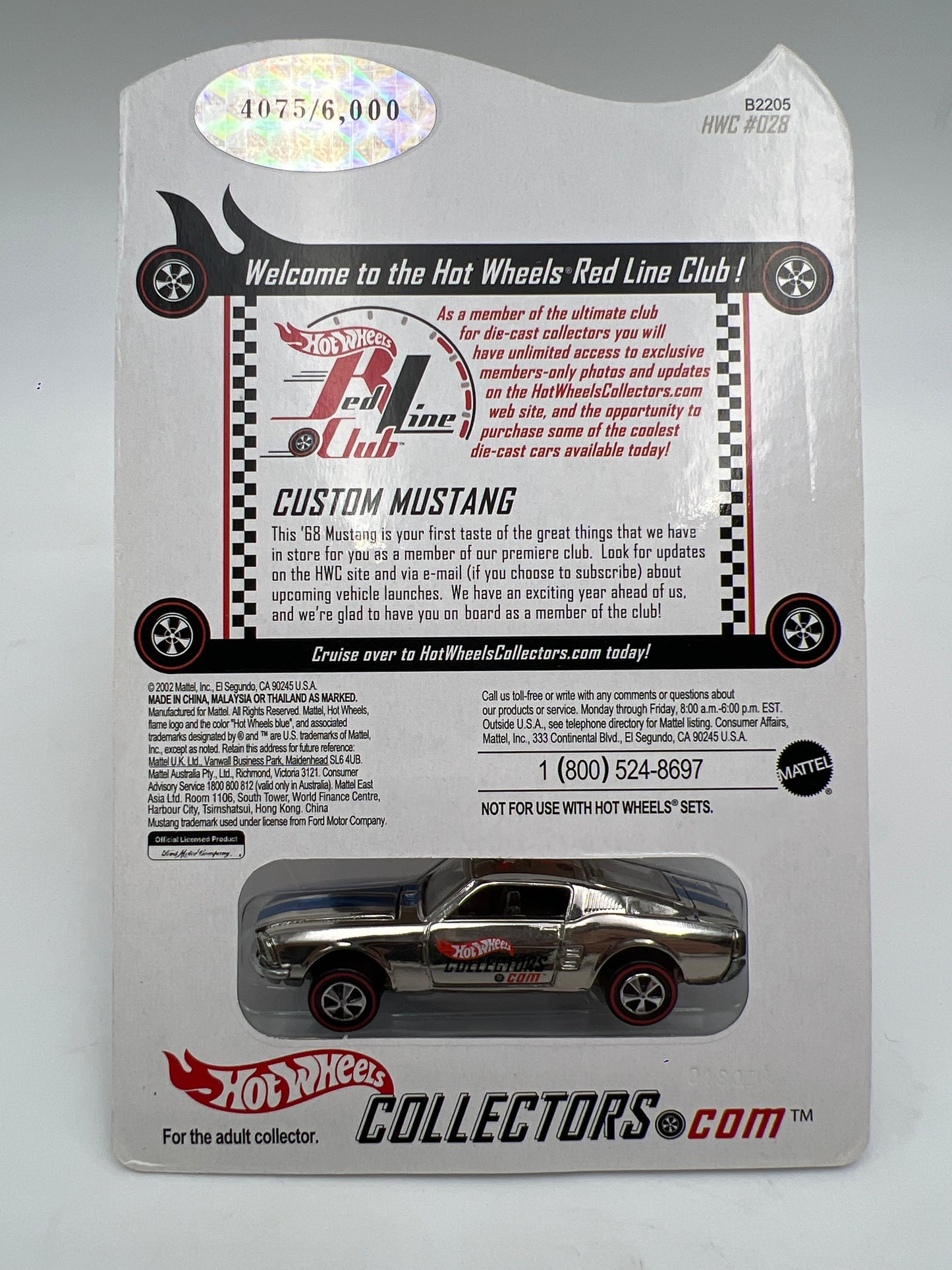 2003 Hot Wheels RLC Club Exclusive Custom Mustang Chrome/Blue Stripes W/Protector