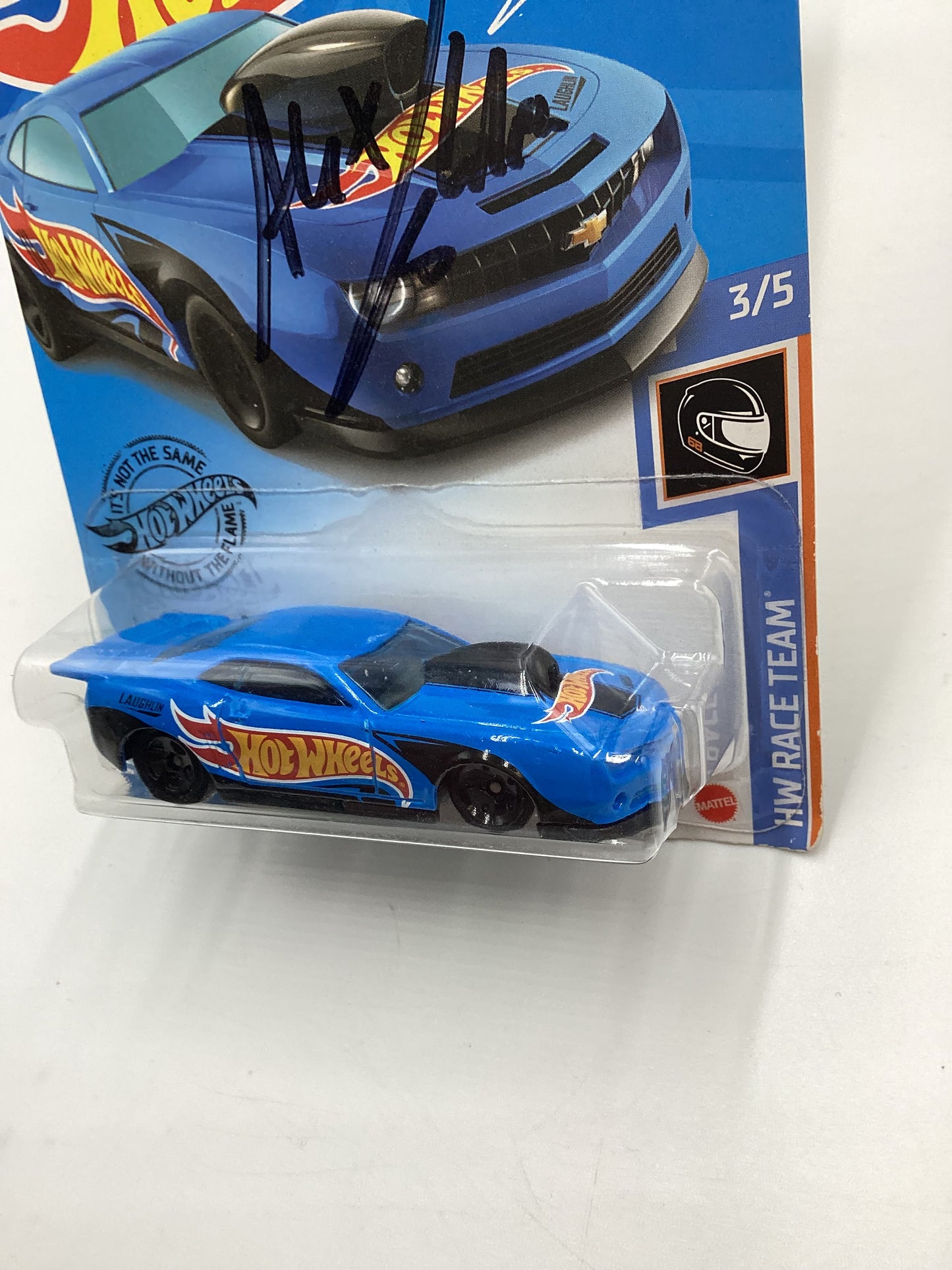 Hot Wheels 10 Pro Stock Camaro Blue #250 Autographed Alex Laughlin Cracked Blister Both Sides with protector