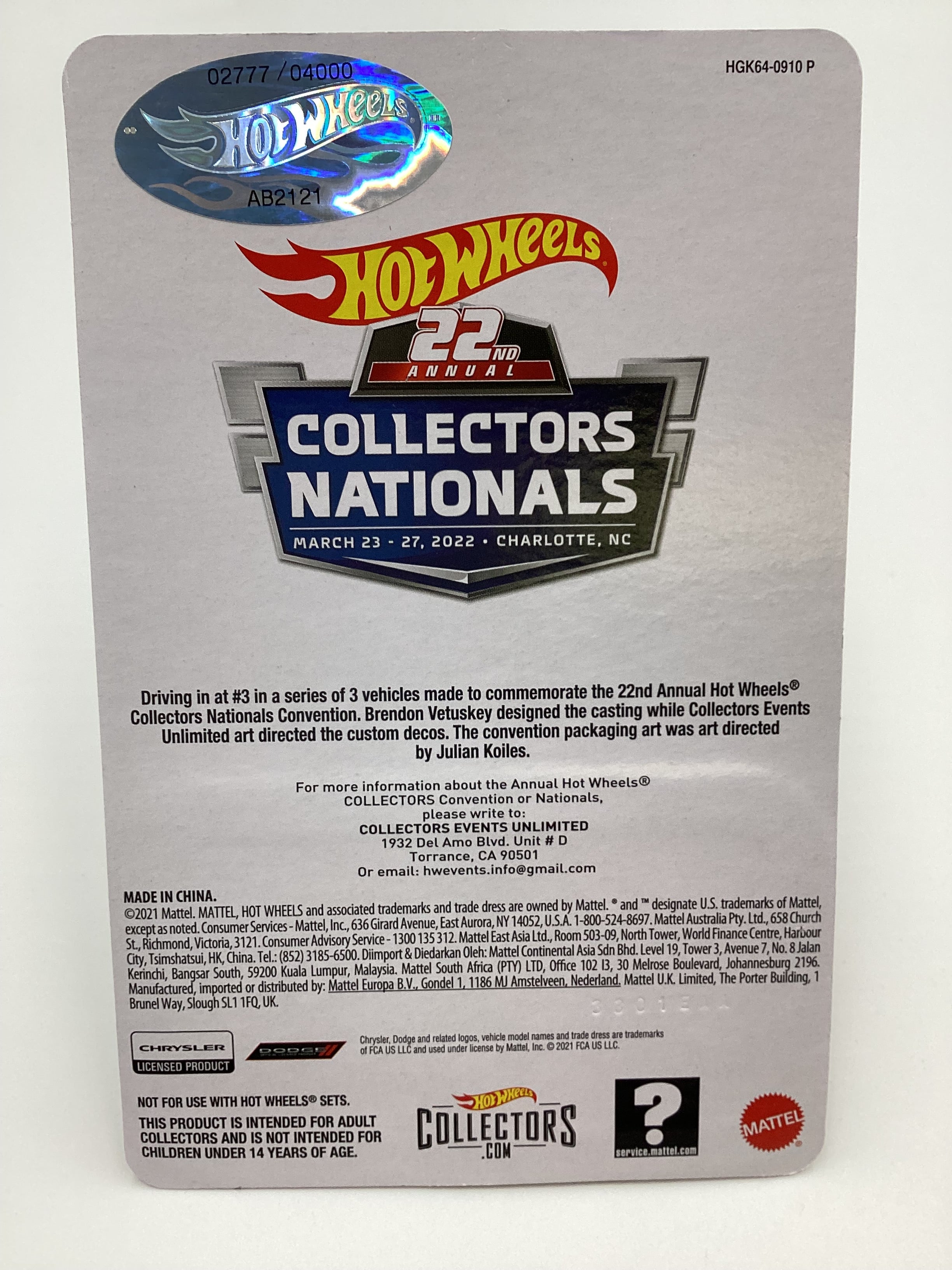 2022 Hot wheels 22nd Annual Collectors Nationals Charlotte 1969
