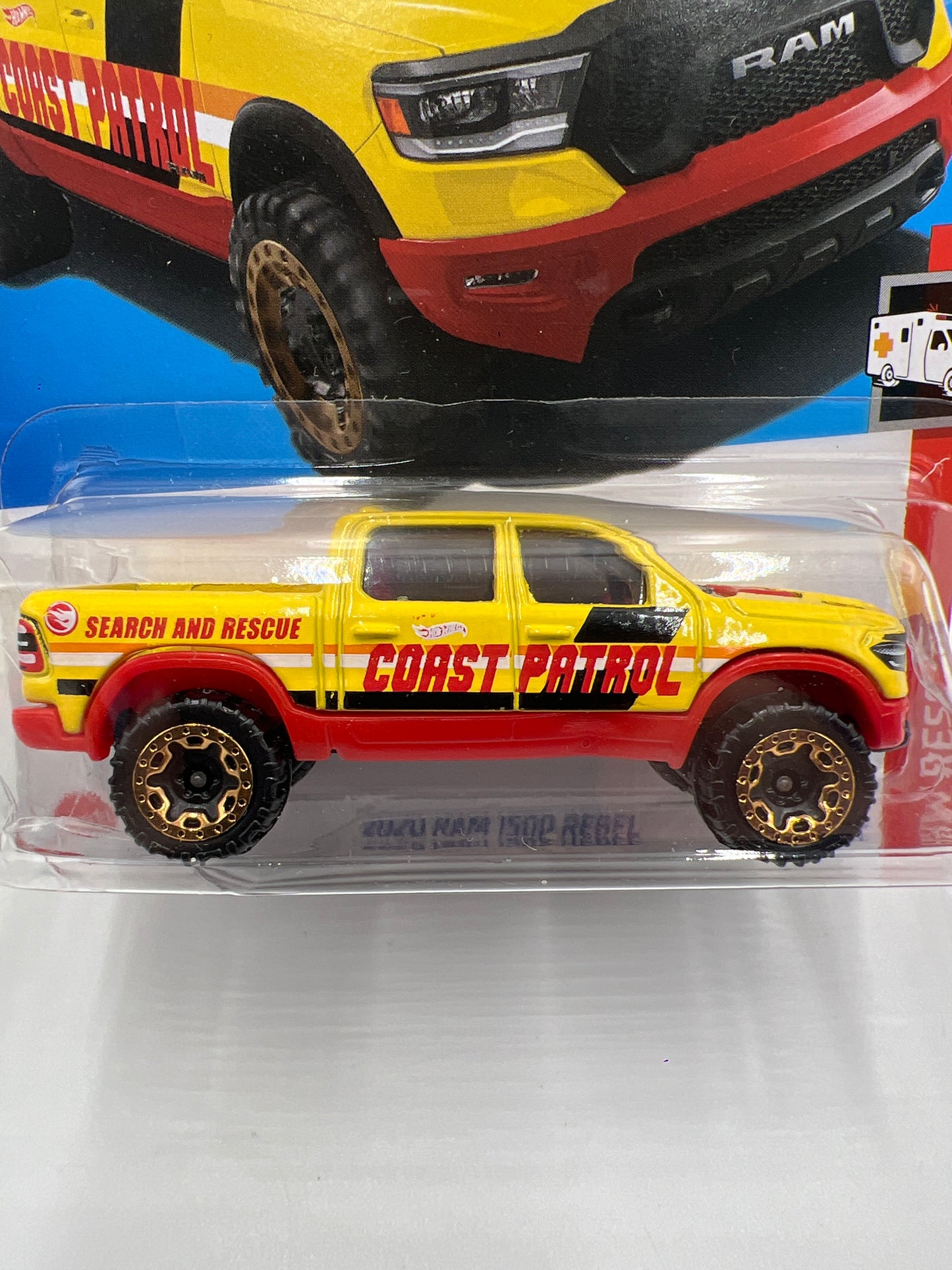 2023 Hot Wheels Rescue Treasure Hunt #238 2020 Ram 1500 Rebel Yellow Bad Card 274C